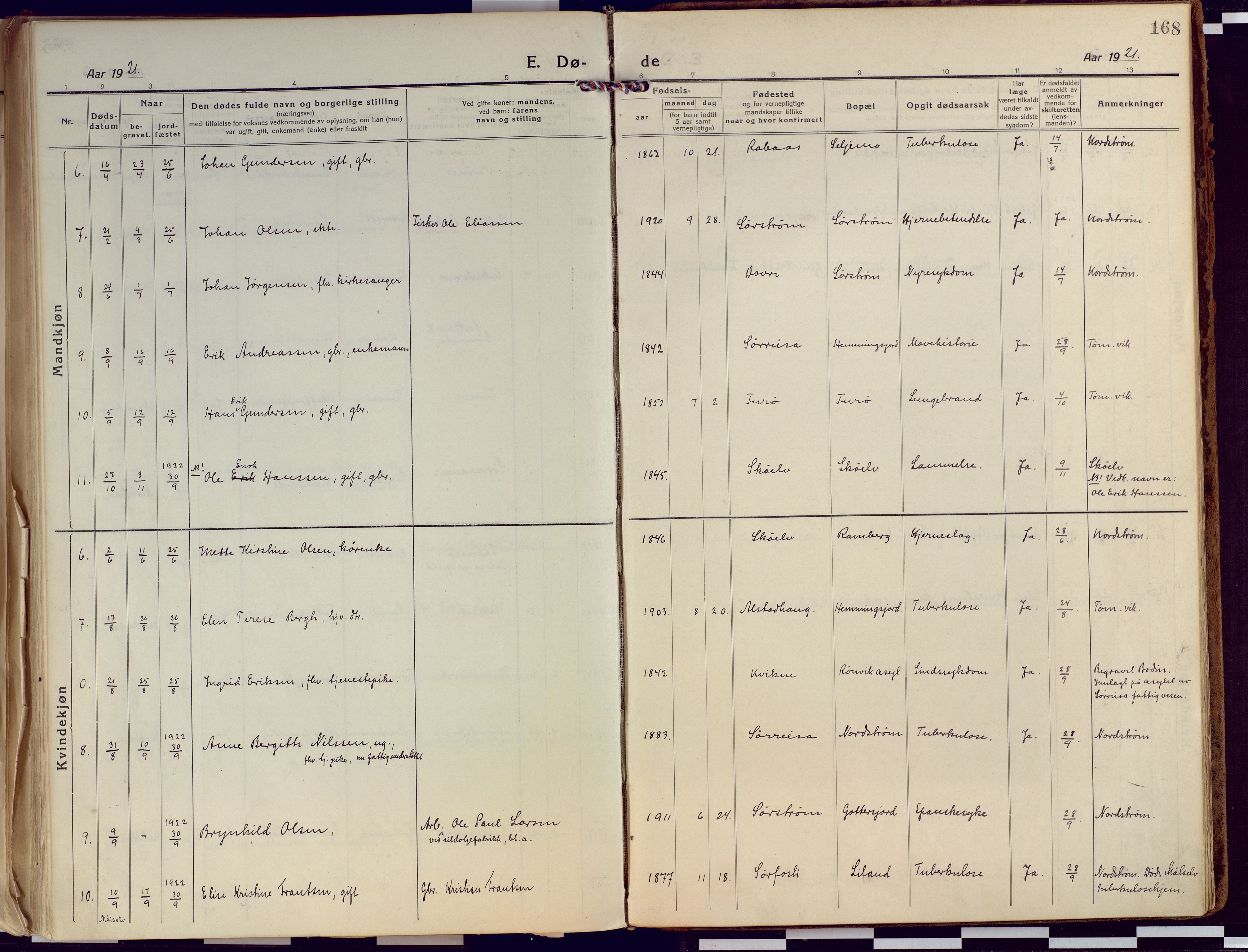 Tranøy sokneprestkontor, AV/SATØ-S-1313/I/Ia/Iaa/L0015kirke: Parish register (official) no. 15, 1919-1928, p. 168