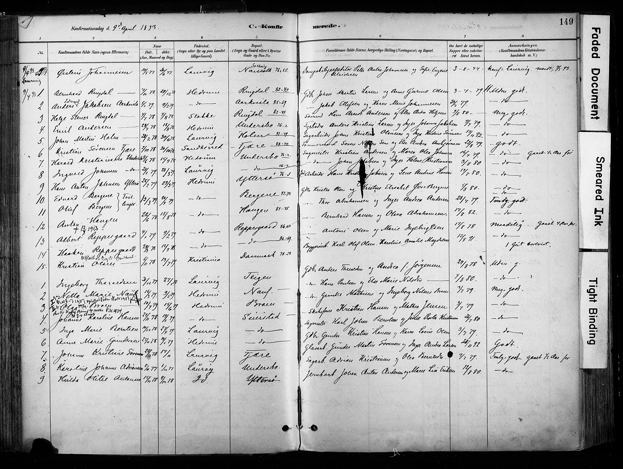 Hedrum kirkebøker, SAKO/A-344/F/Fa/L0009: Parish register (official) no. I 9, 1881-1903, p. 149