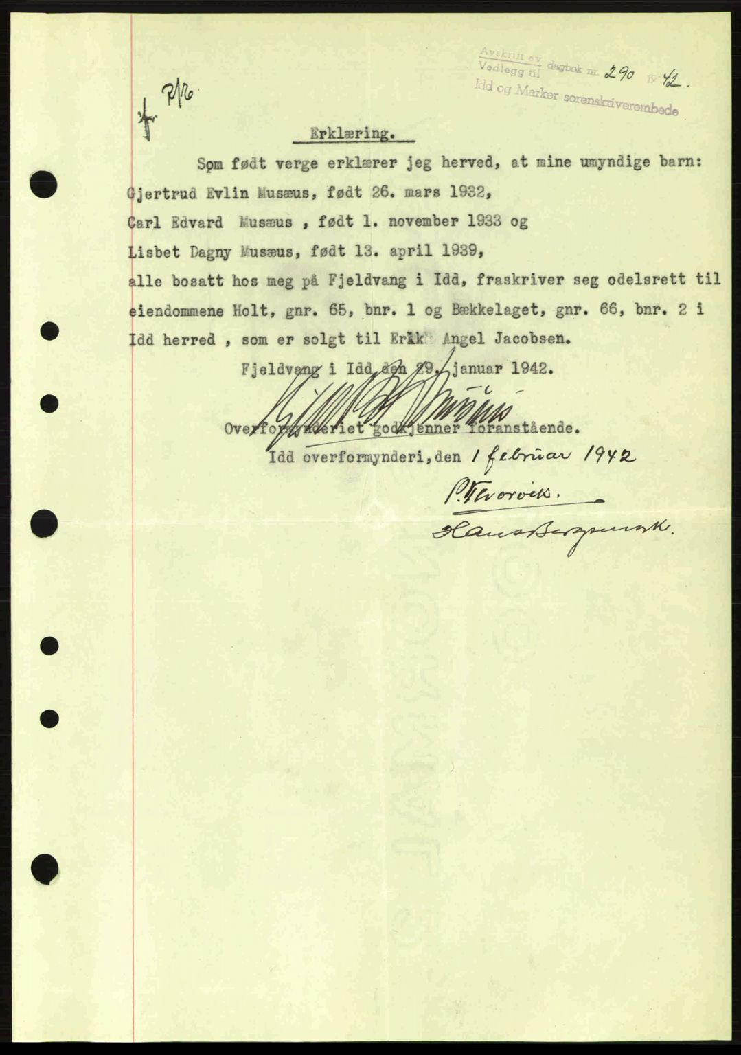 Idd og Marker sorenskriveri, AV/SAO-A-10283/G/Gb/Gbb/L0005: Mortgage book no. A5, 1941-1943, Diary no: : 290/1942