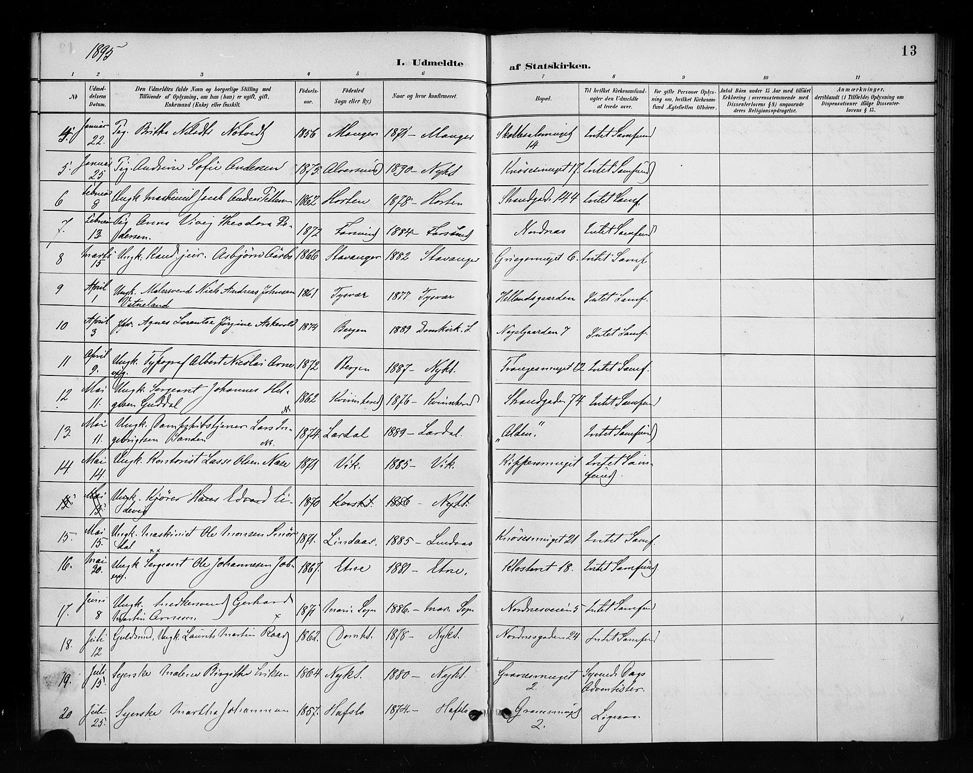 Nykirken Sokneprestembete, AV/SAB-A-77101/H/Haa/L0053: Parish register (official) no. H 2, 1887-1897, p. 13