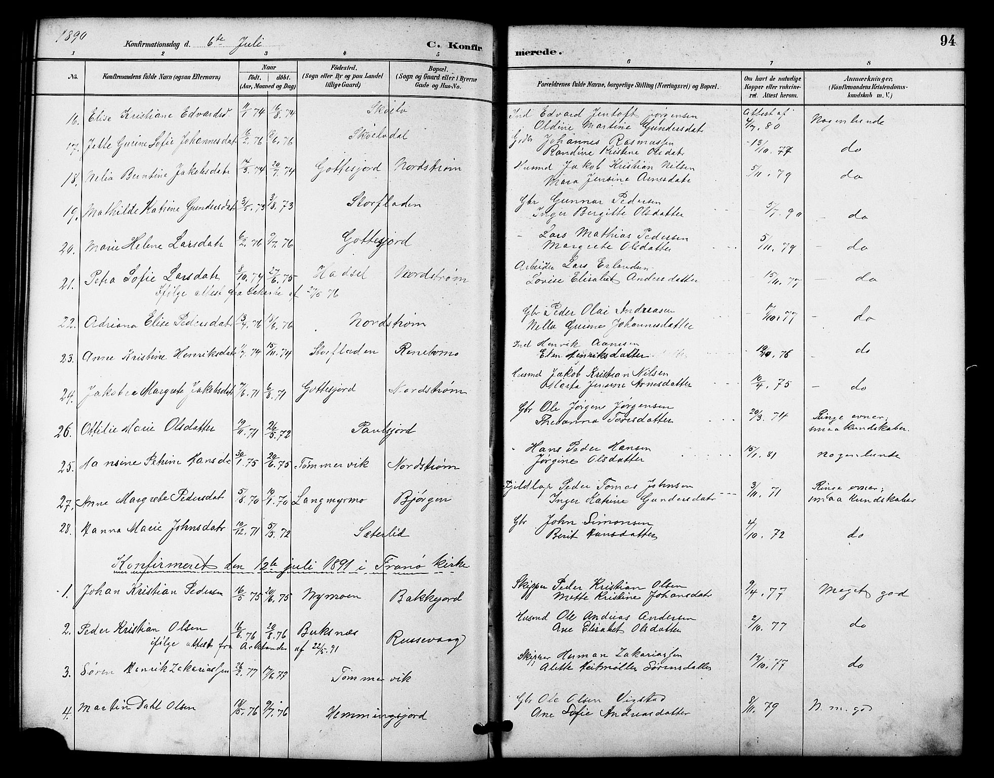 Tranøy sokneprestkontor, SATØ/S-1313/I/Ia/Iab/L0022klokker: Parish register (copy) no. 22, 1887-1912, p. 94