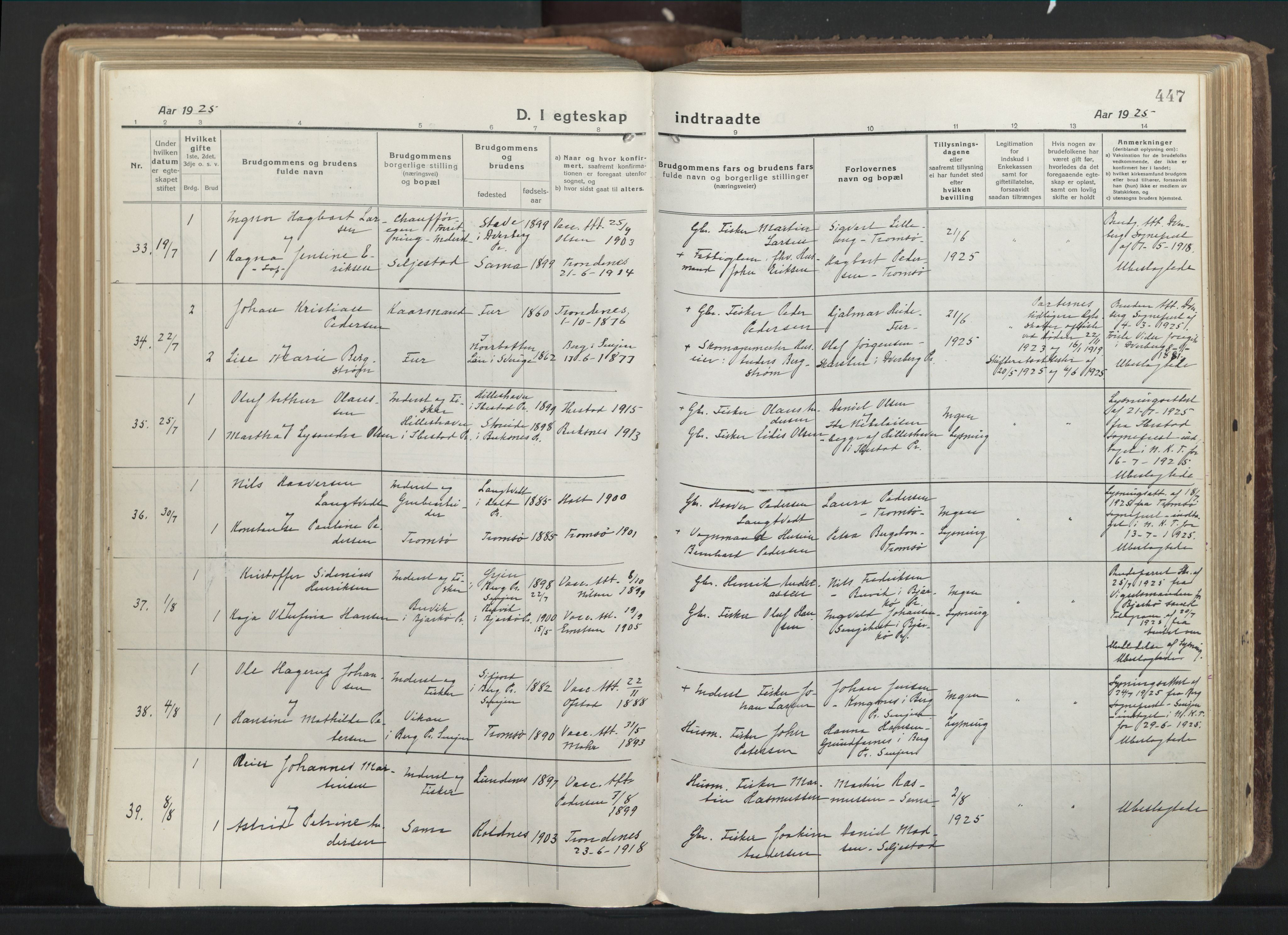 Trondenes sokneprestkontor, AV/SATØ-S-1319/H/Ha/L0019kirke: Parish register (official) no. 19, 1919-1928, p. 447