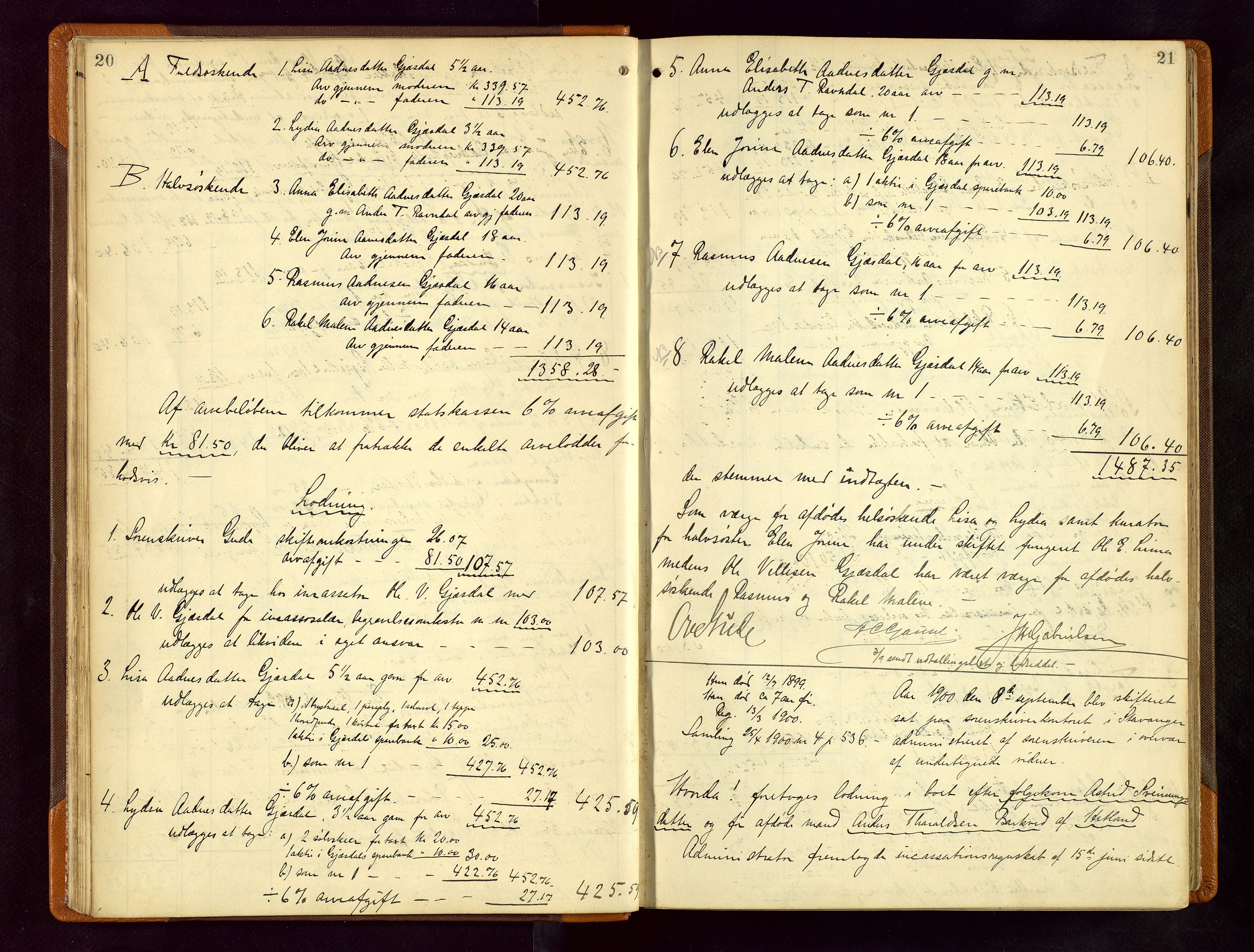 Jæren sorenskriveri, AV/SAST-A-100310/01/5/50/50BB/L0006: SKIFTEUTLODNINGSPROTOKOLL, 1900-1907, p. 20-21