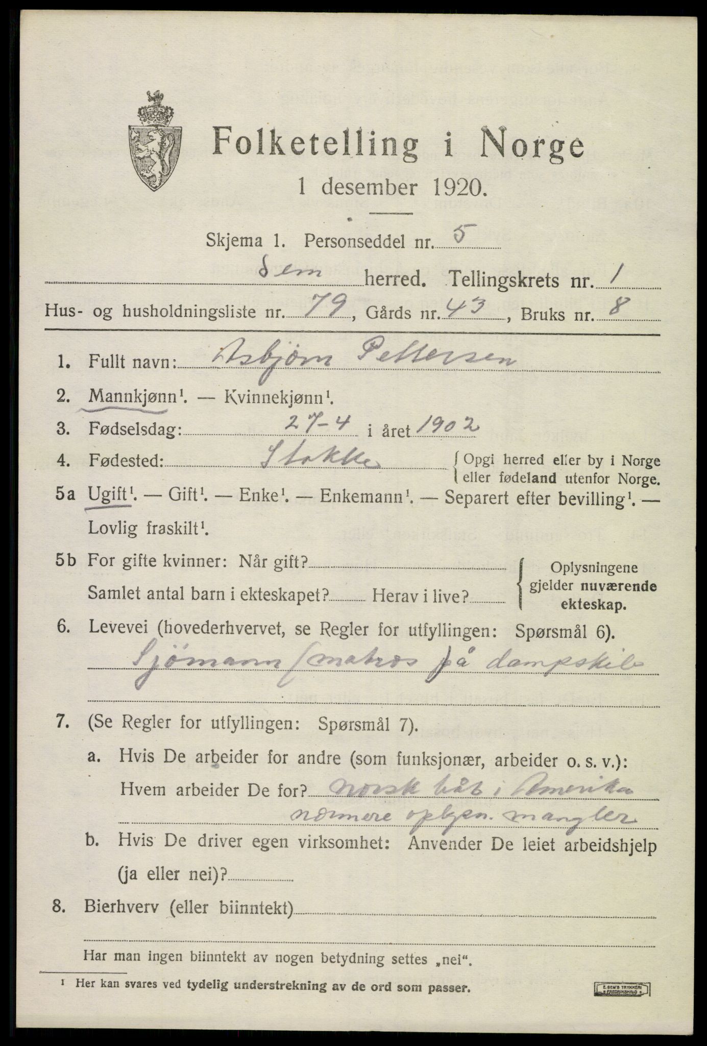 SAKO, 1920 census for Sem, 1920, p. 3627