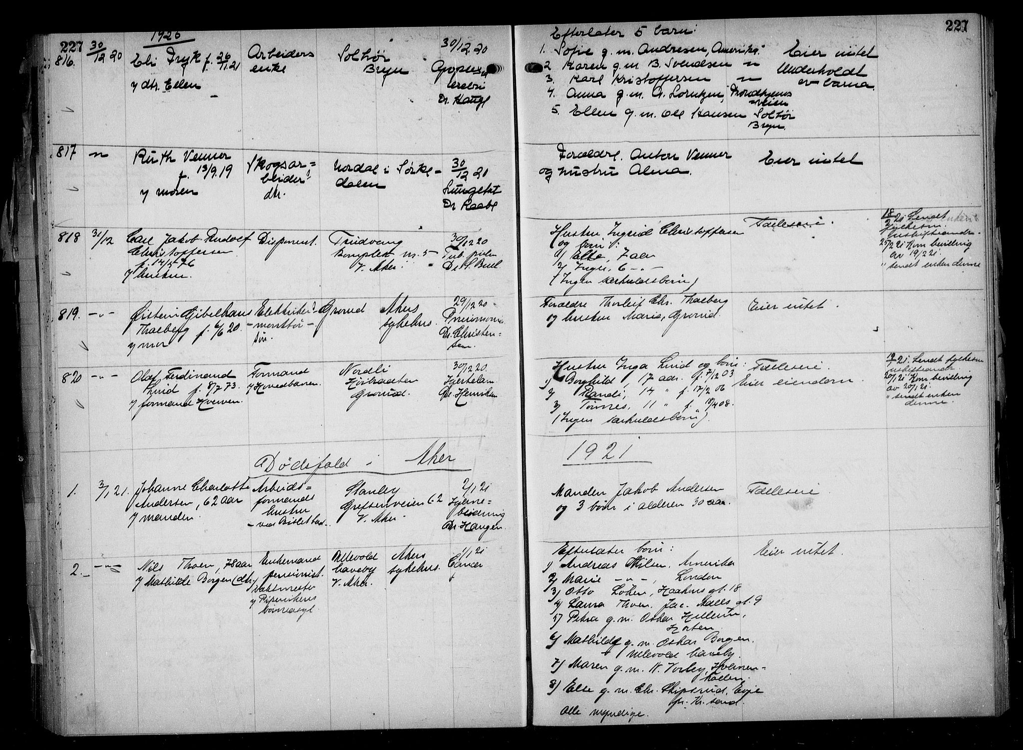 Aker kriminaldommer, skifte- og auksjonsforvalterembete, AV/SAO-A-10452/H/Hb/Hba/Hbaa/L0005: Dødsfallsprotokoll, 1918-1922, p. 227