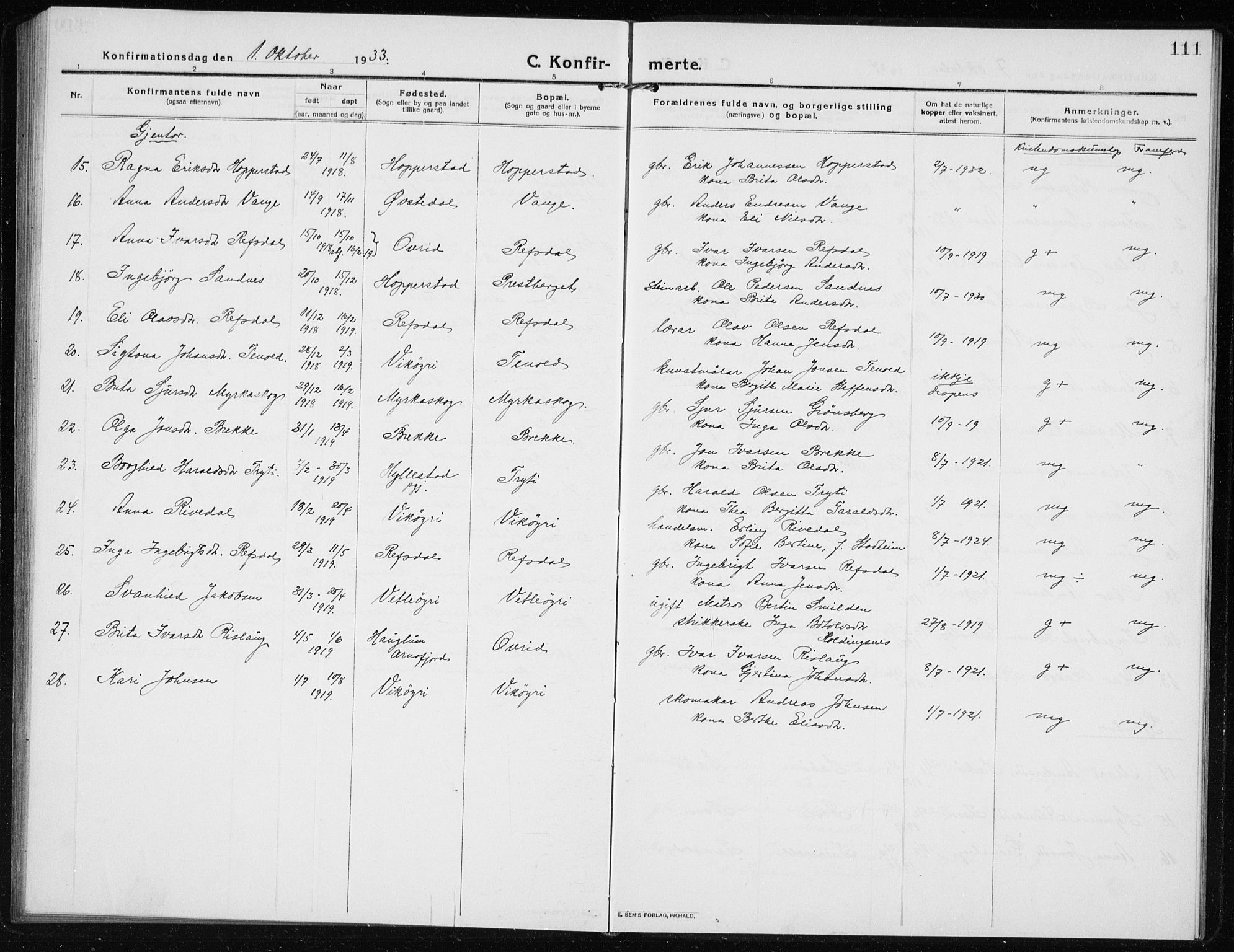 Vik sokneprestembete, AV/SAB-A-81501/H/Hab/Haba/L0005: Parish register (copy) no. A 5, 1915-1935, p. 111