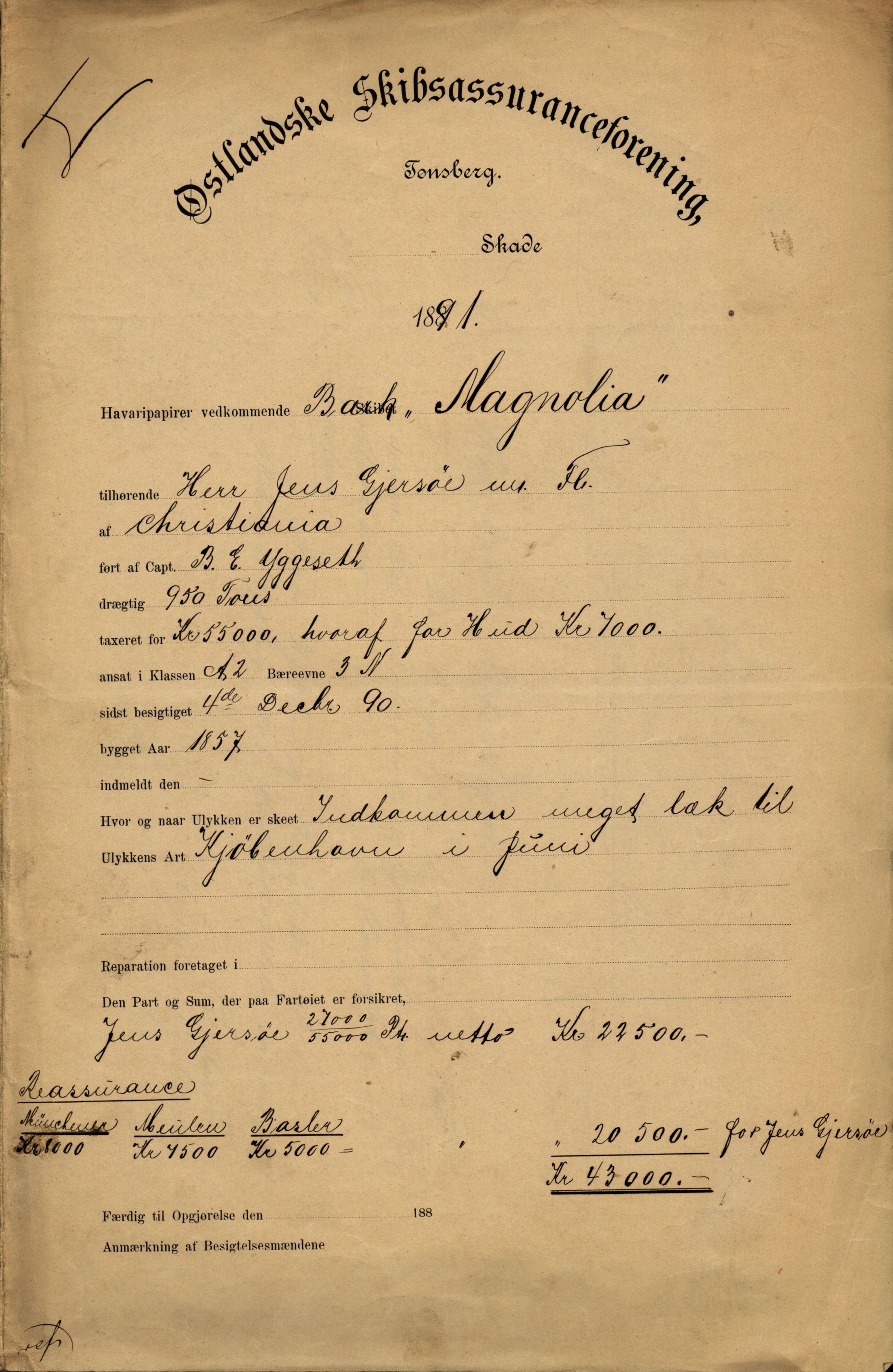 Pa 63 - Østlandske skibsassuranceforening, VEMU/A-1079/G/Ga/L0028/0005: Havaridokumenter / Tjømø, Magnolia, Caroline, Olaf, Stjernen, 1892, p. 40