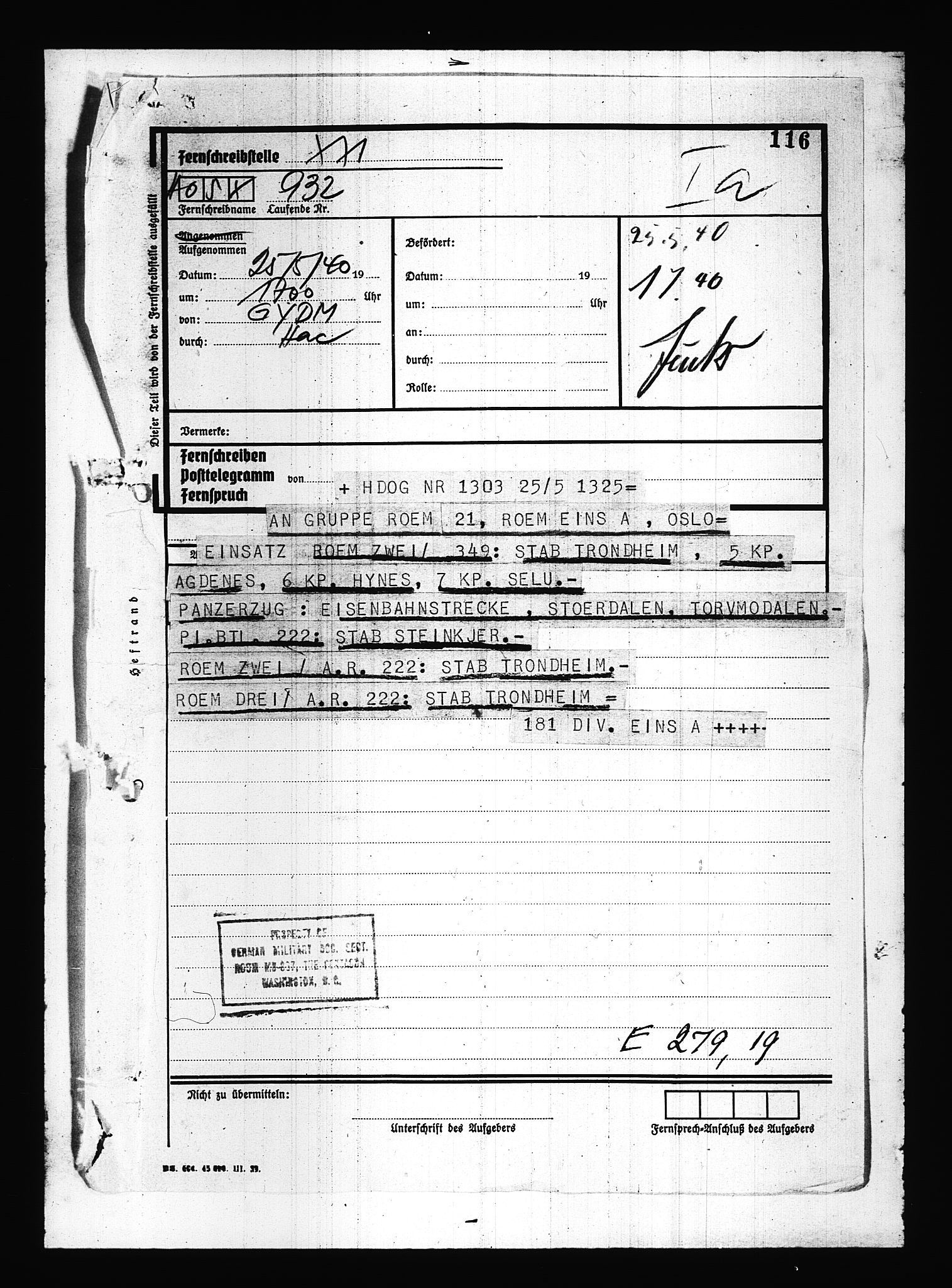 Documents Section, AV/RA-RAFA-2200/V/L0083: Amerikansk mikrofilm "Captured German Documents".
Box No. 722.  FKA jnr. 615/1954., 1940, p. 248