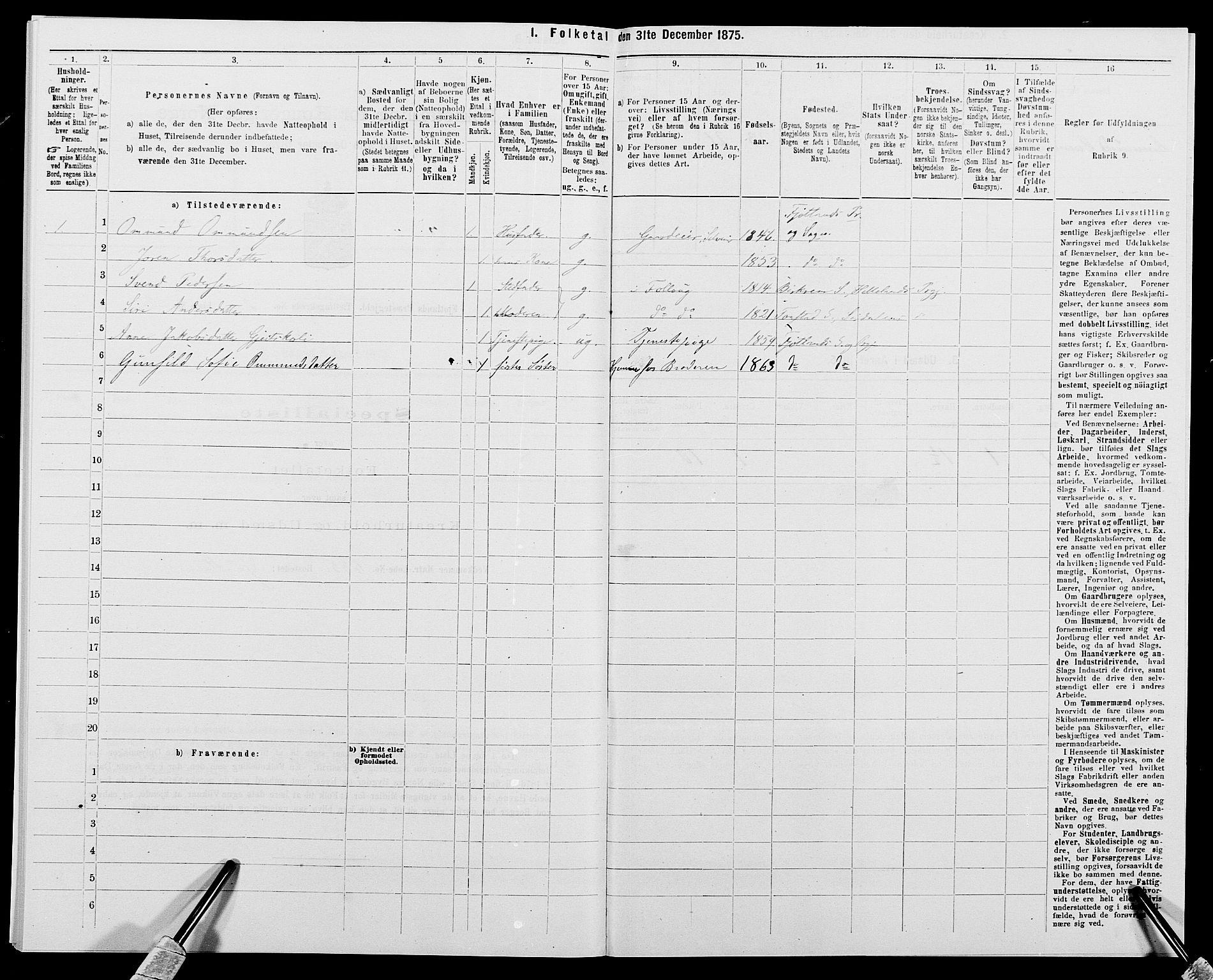 SAK, 1875 census for 1036P Fjotland, 1875, p. 158