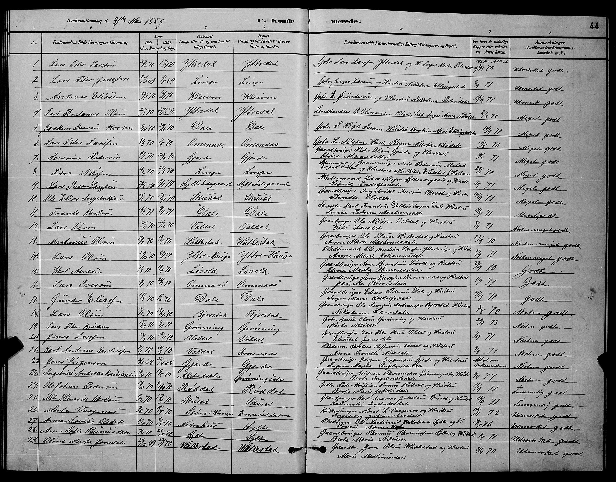 Ministerialprotokoller, klokkerbøker og fødselsregistre - Møre og Romsdal, AV/SAT-A-1454/519/L0263: Parish register (copy) no. 519C04, 1885-1892, p. 44