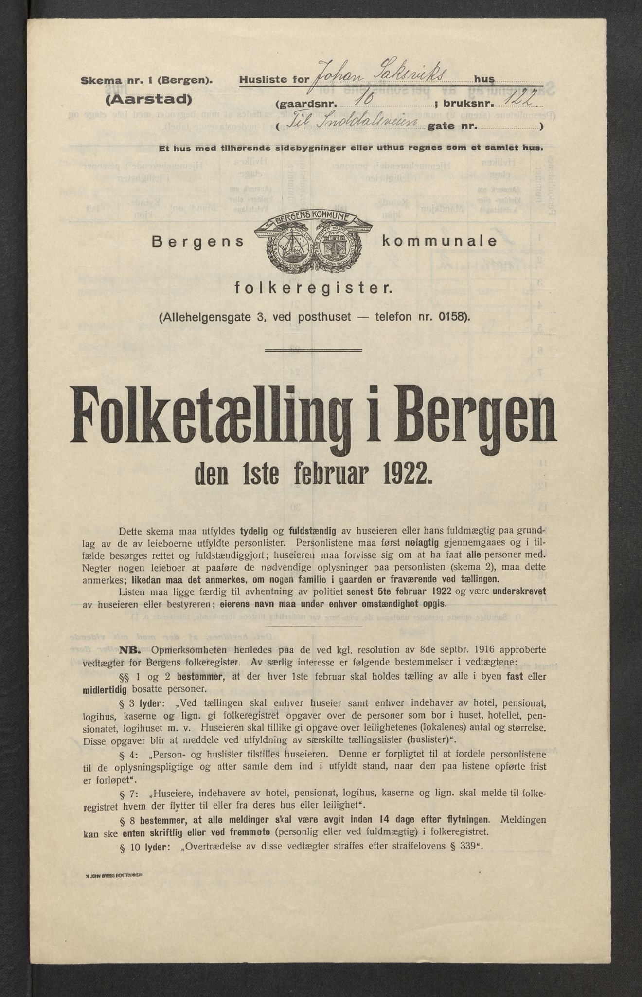SAB, Municipal Census 1922 for Bergen, 1922, p. 60171