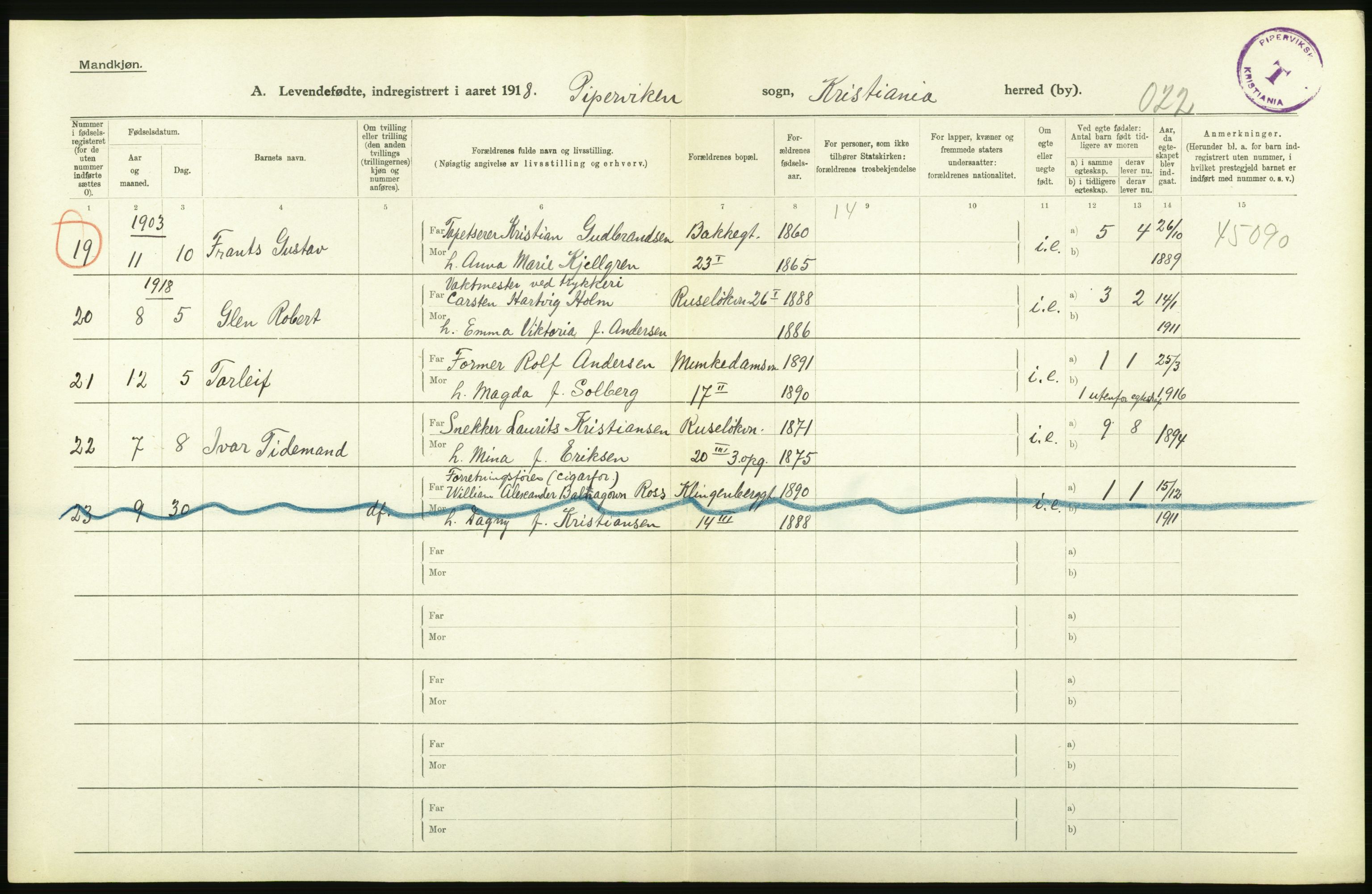 Statistisk sentralbyrå, Sosiodemografiske emner, Befolkning, AV/RA-S-2228/D/Df/Dfb/Dfbh/L0008: Kristiania: Levendefødte menn og kvinner., 1918, p. 212