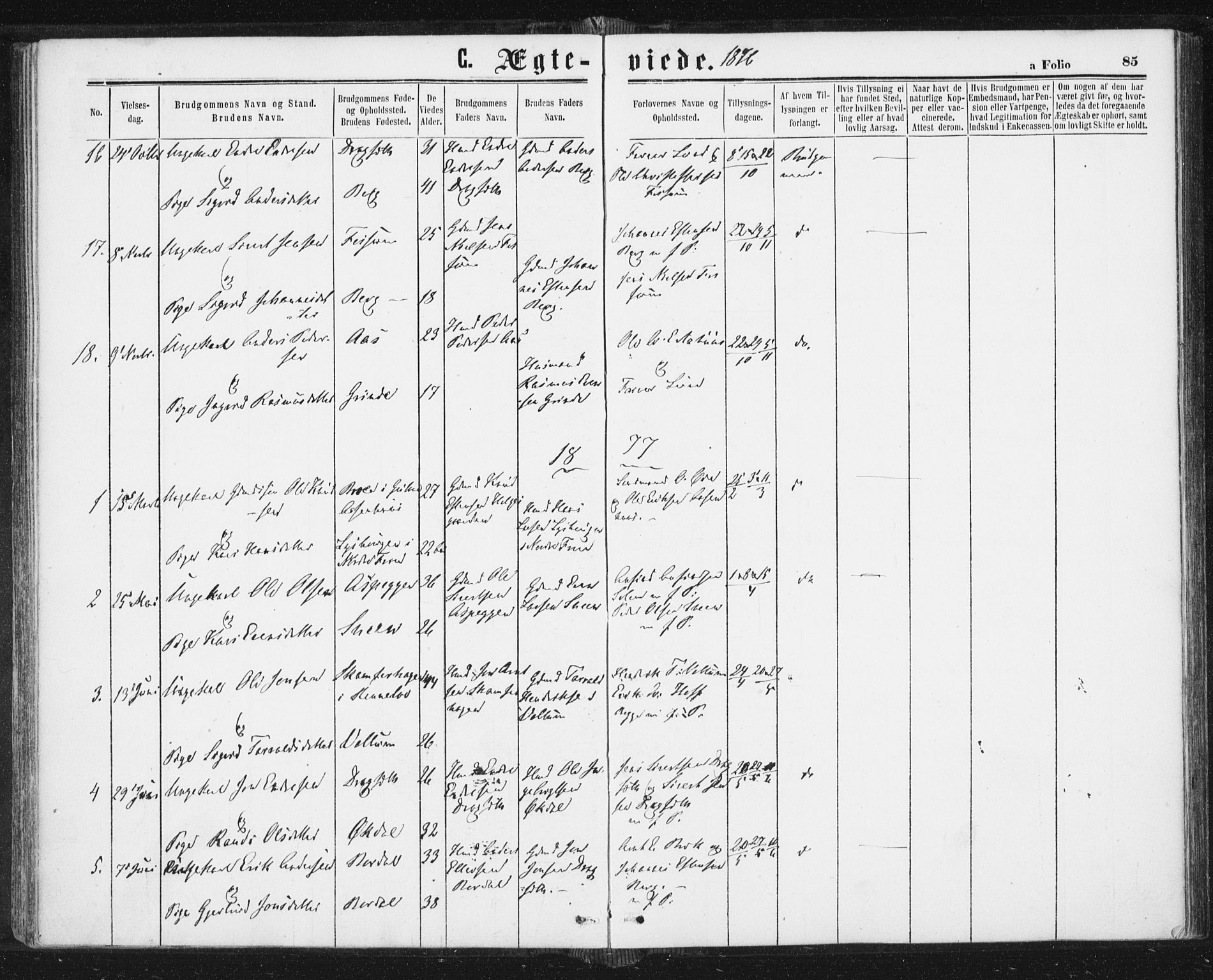 Ministerialprotokoller, klokkerbøker og fødselsregistre - Sør-Trøndelag, SAT/A-1456/689/L1039: Parish register (official) no. 689A04, 1865-1878, p. 85