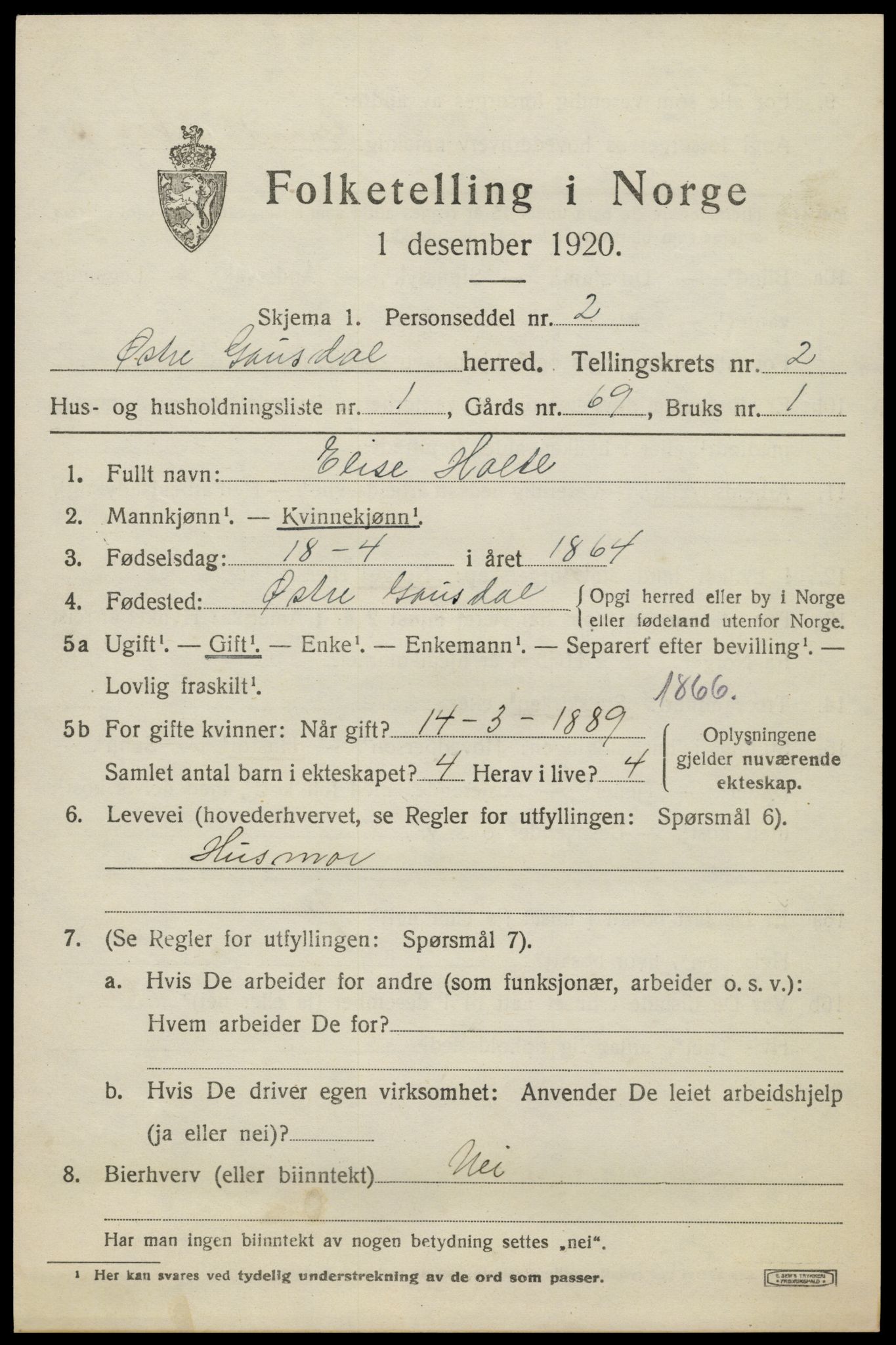 SAH, 1920 census for Østre Gausdal, 1920, p. 1364