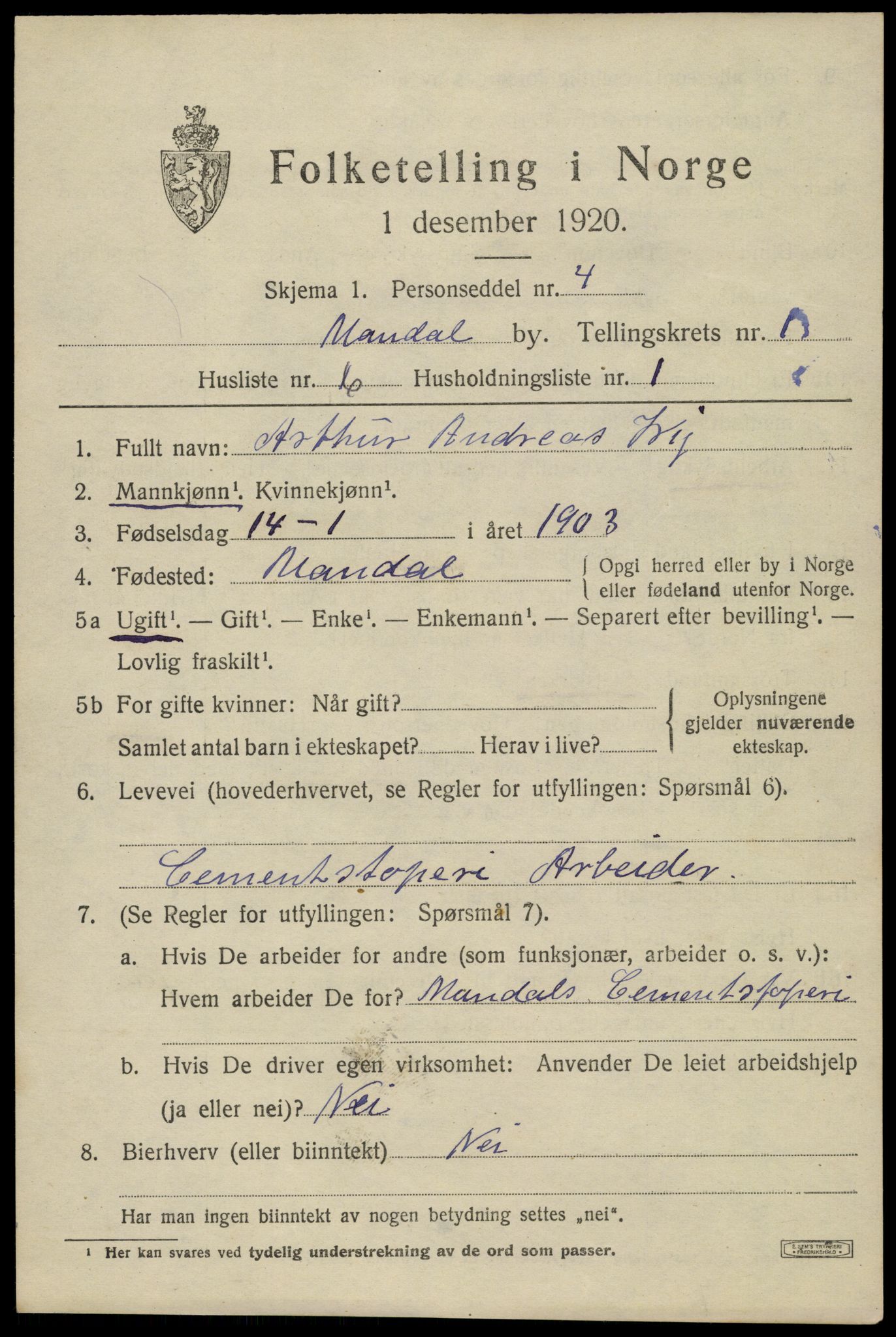 SAK, 1920 census for Mandal, 1920, p. 3309