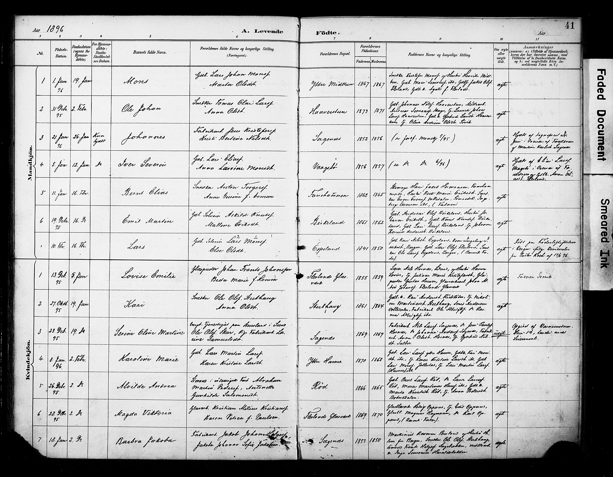 Fana Sokneprestembete, SAB/A-75101/H/Haa/Haab/L0002: Parish register (official) no. B 2, 1890-1897, p. 41