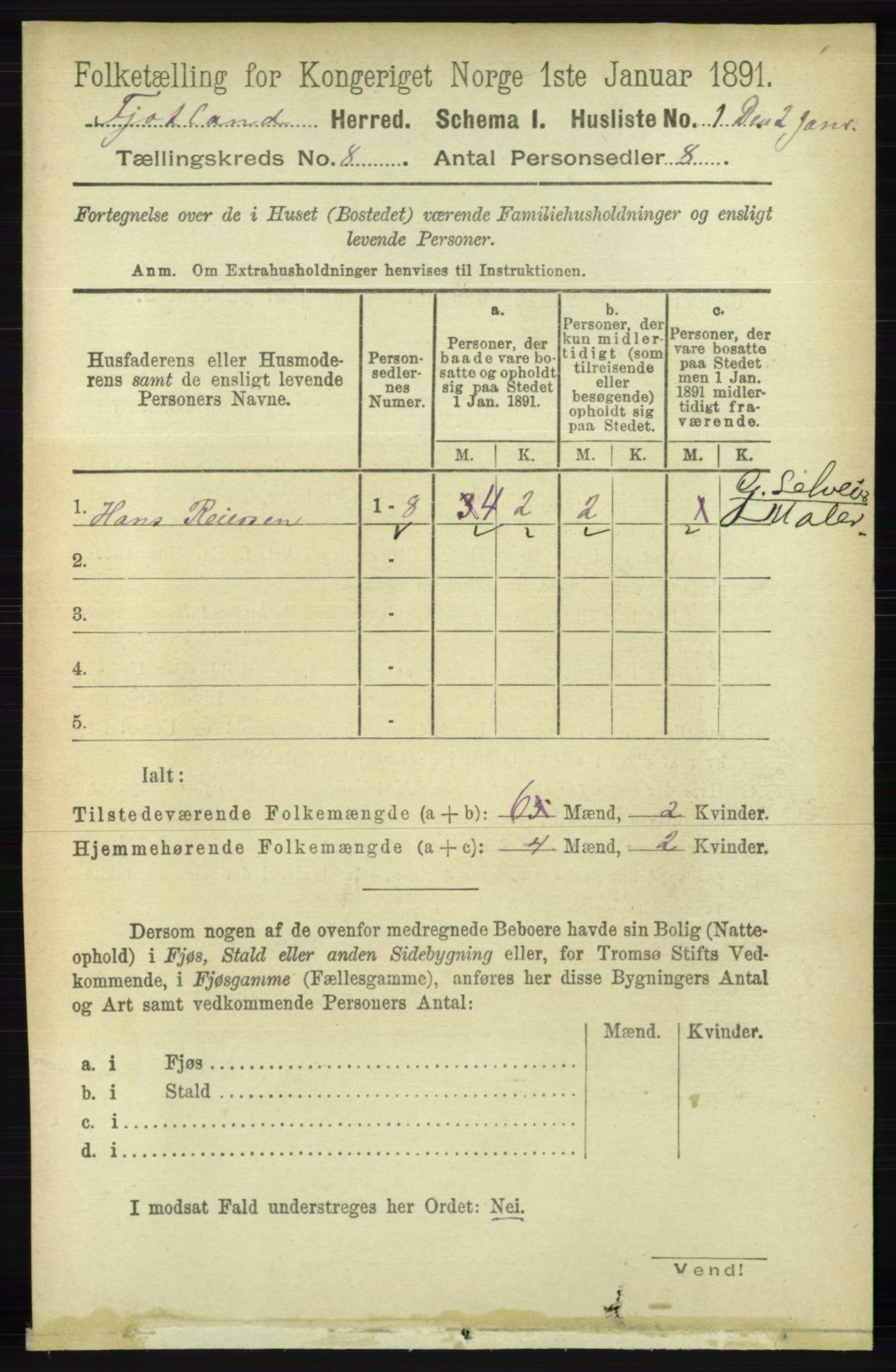 RA, 1891 census for 1036 Fjotland, 1891, p. 1171