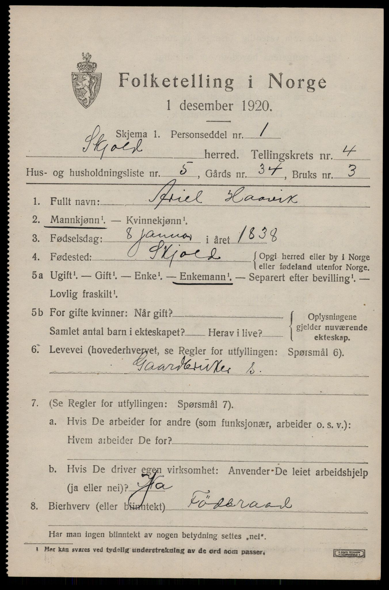 SAST, 1920 census for Skjold, 1920, p. 2376