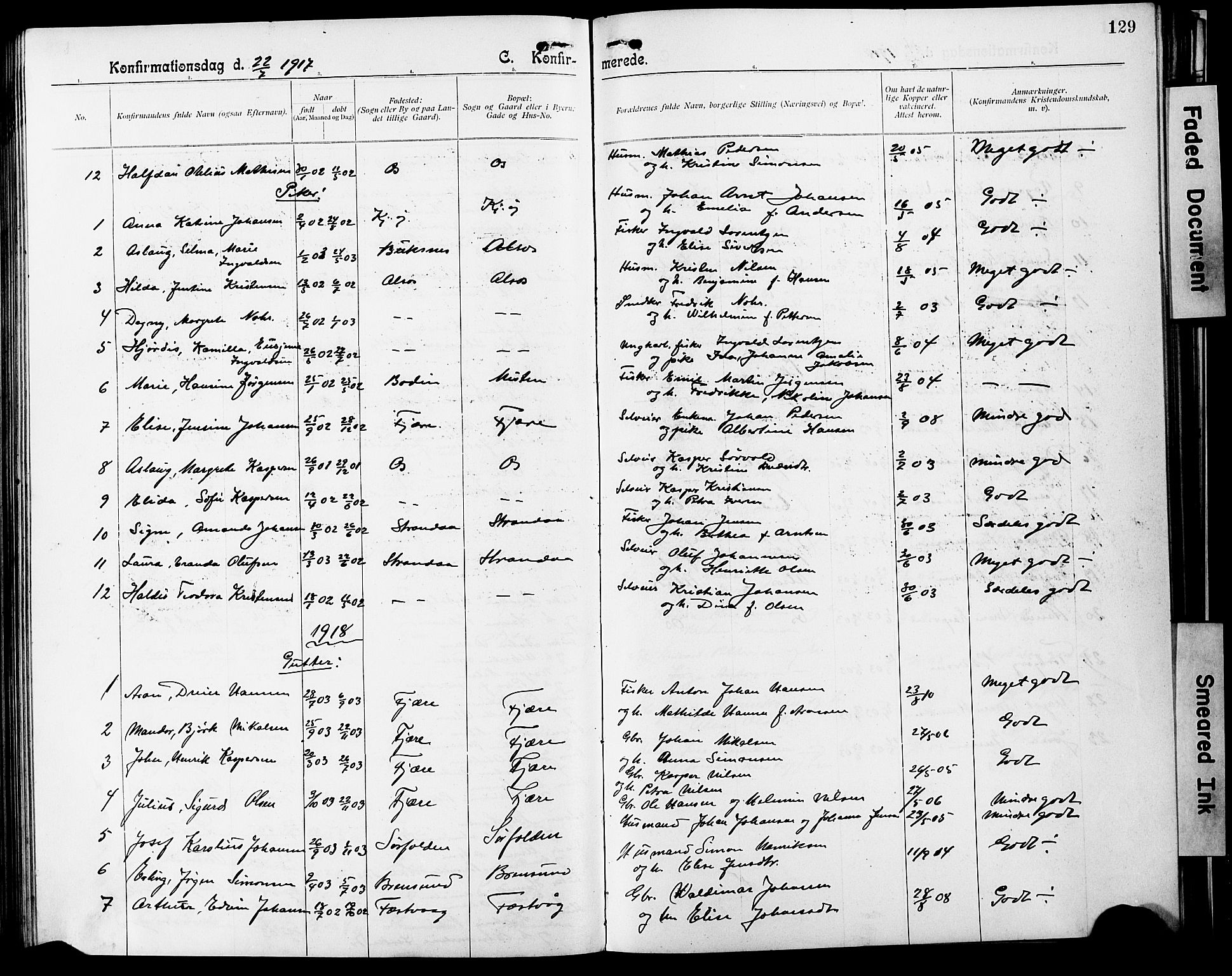 Ministerialprotokoller, klokkerbøker og fødselsregistre - Nordland, SAT/A-1459/803/L0077: Parish register (copy) no. 803C04, 1897-1930, p. 129