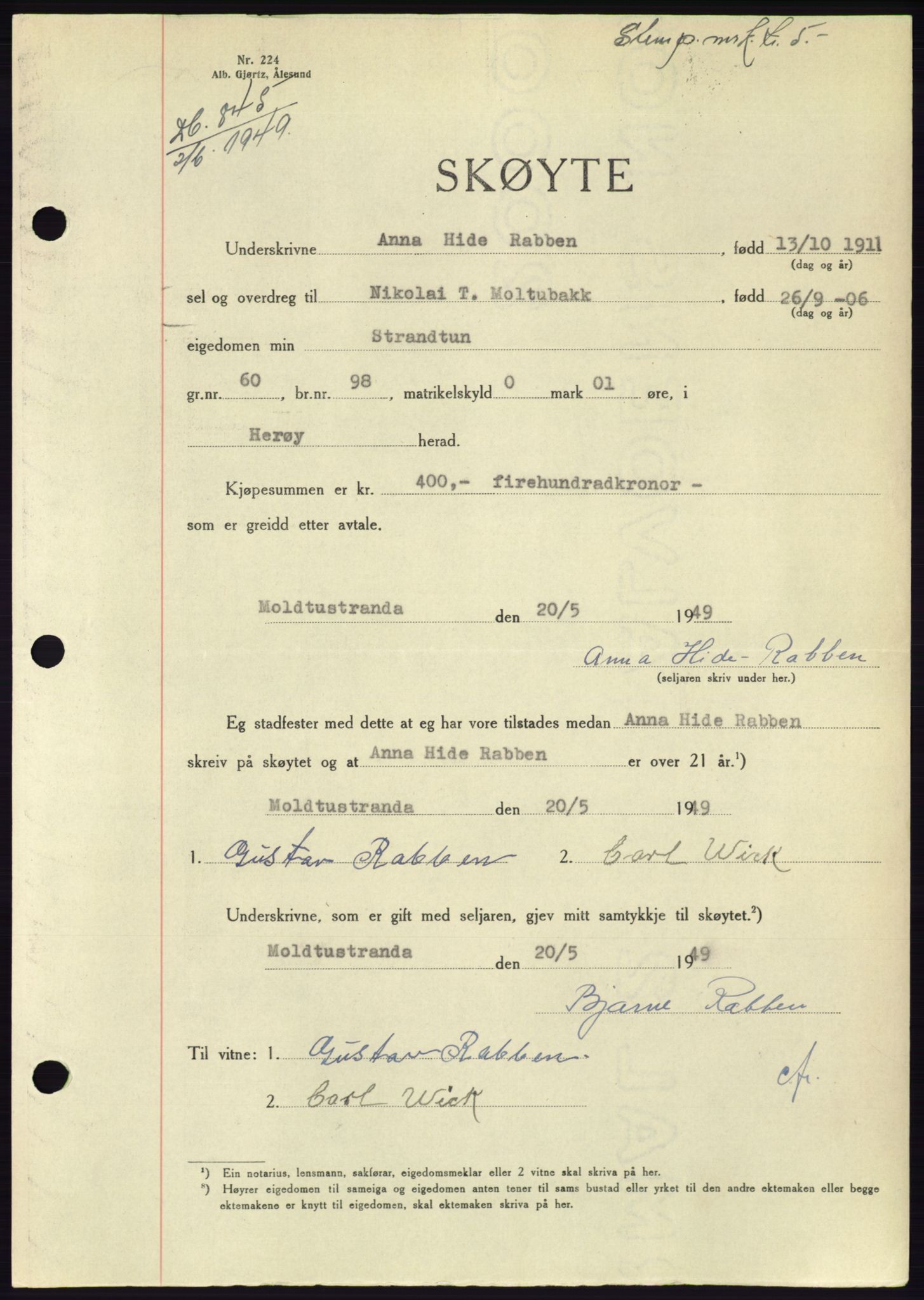 Søre Sunnmøre sorenskriveri, AV/SAT-A-4122/1/2/2C/L0084: Mortgage book no. 10A, 1949-1949, Diary no: : 845/1949