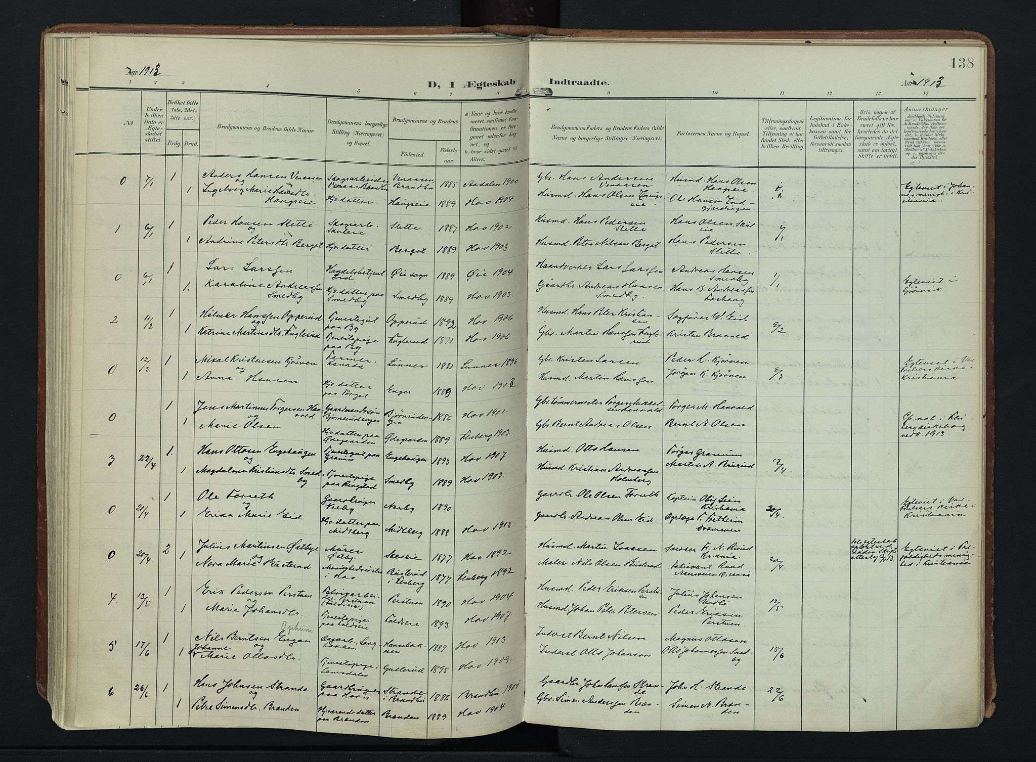 Søndre Land prestekontor, AV/SAH-PREST-122/K/L0007: Parish register (official) no. 7, 1905-1914, p. 138
