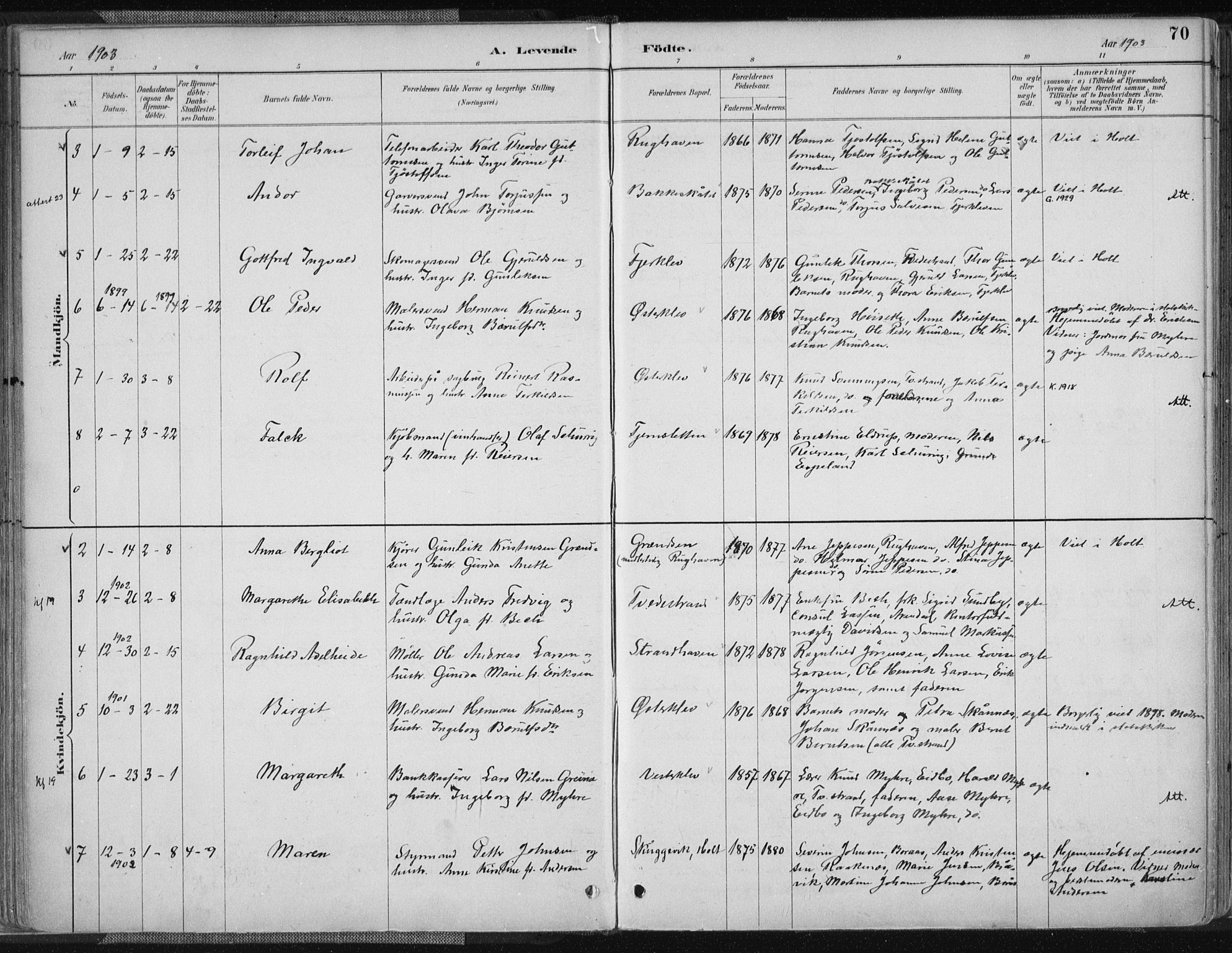 Tvedestrand sokneprestkontor, SAK/1111-0042/F/Fa/L0001: Parish register (official) no. A 1, 1885-1916, p. 70