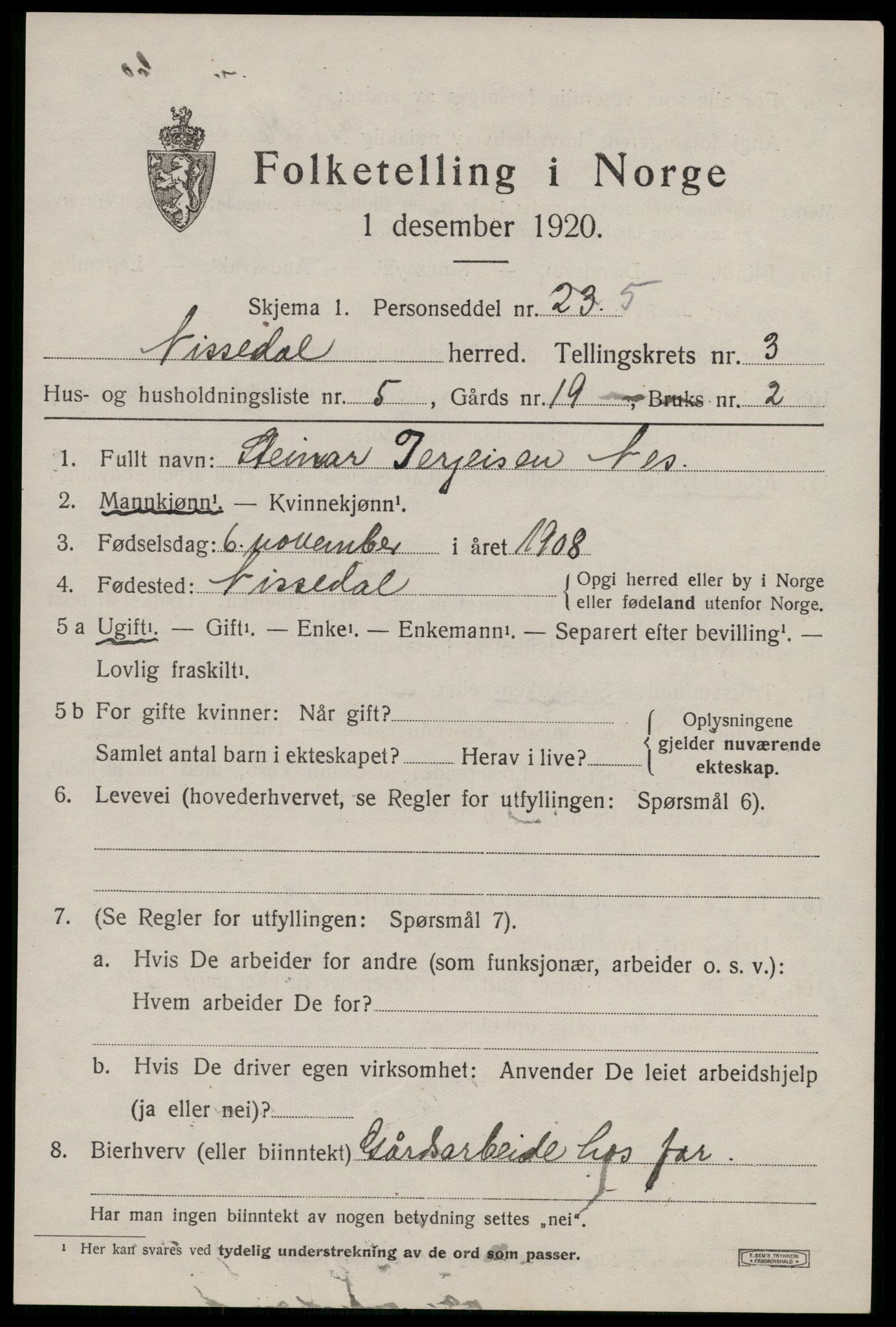 SAKO, 1920 census for Nissedal, 1920, p. 1541