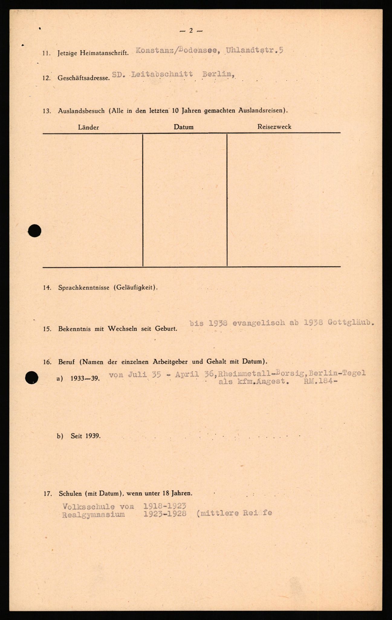 Forsvaret, Forsvarets overkommando II, RA/RAFA-3915/D/Db/L0031: CI Questionaires. Tyske okkupasjonsstyrker i Norge. Tyskere., 1945-1946, p. 92