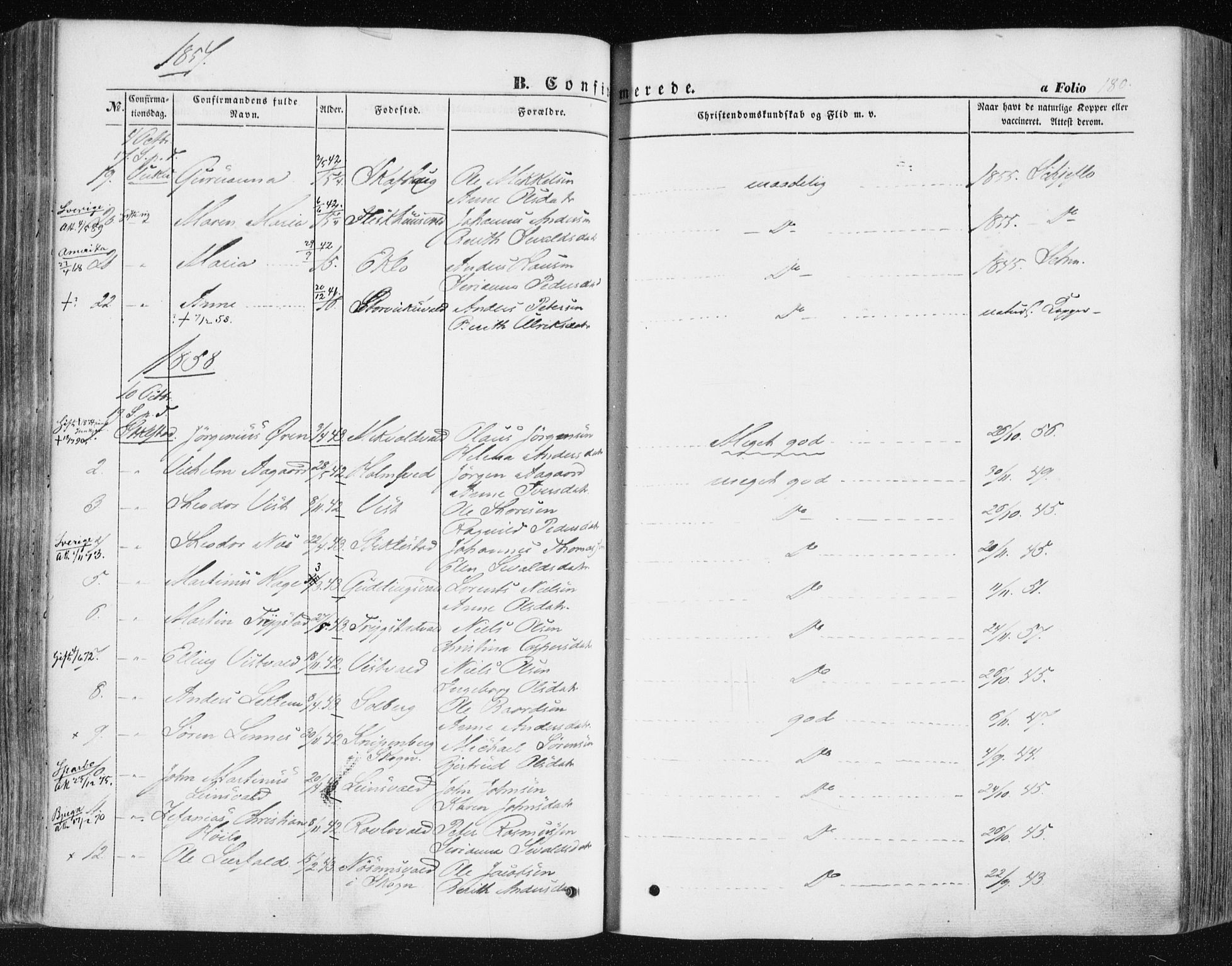 Ministerialprotokoller, klokkerbøker og fødselsregistre - Nord-Trøndelag, SAT/A-1458/723/L0240: Parish register (official) no. 723A09, 1852-1860, p. 180