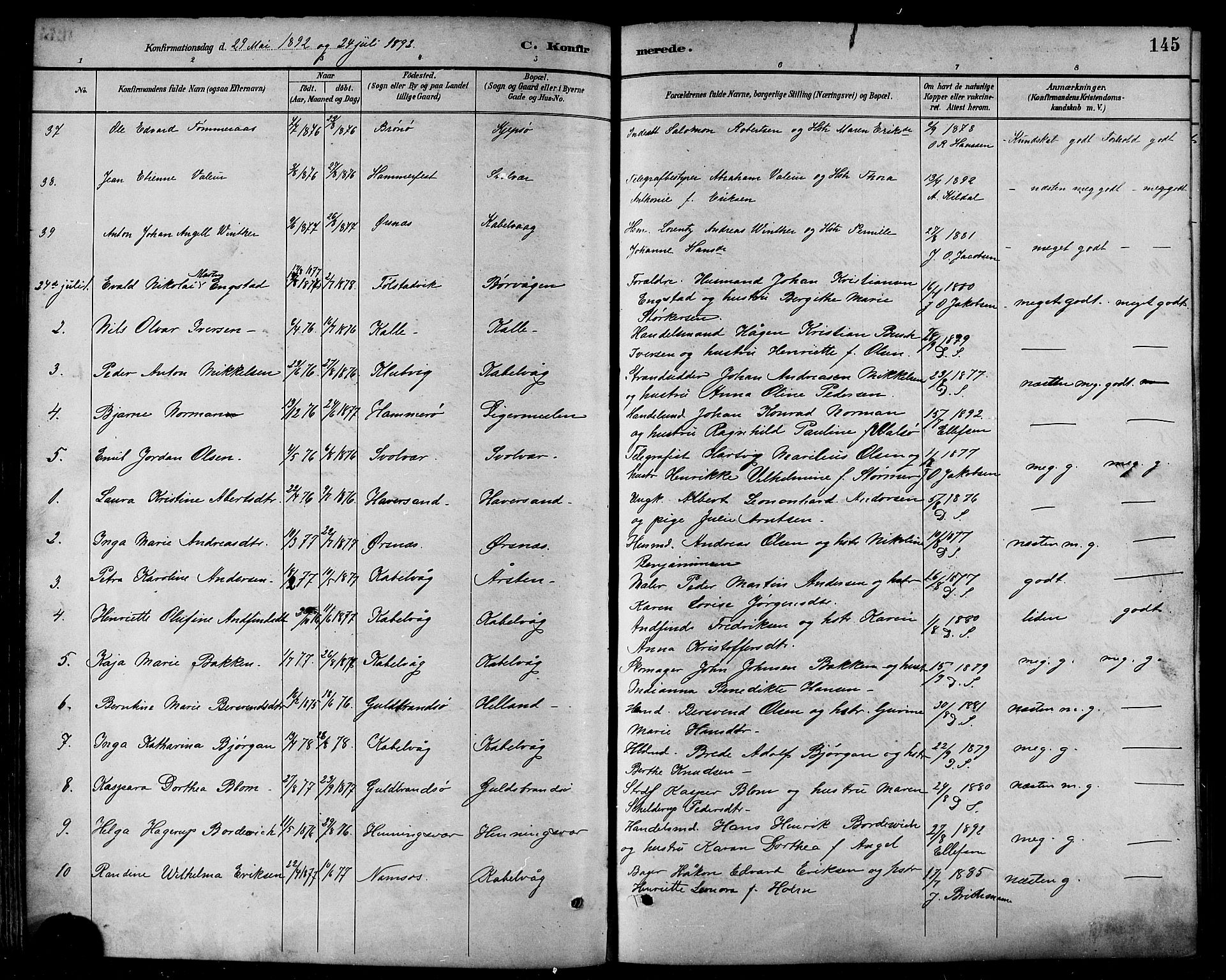 Ministerialprotokoller, klokkerbøker og fødselsregistre - Nordland, AV/SAT-A-1459/874/L1060: Parish register (official) no. 874A04, 1890-1899, p. 145