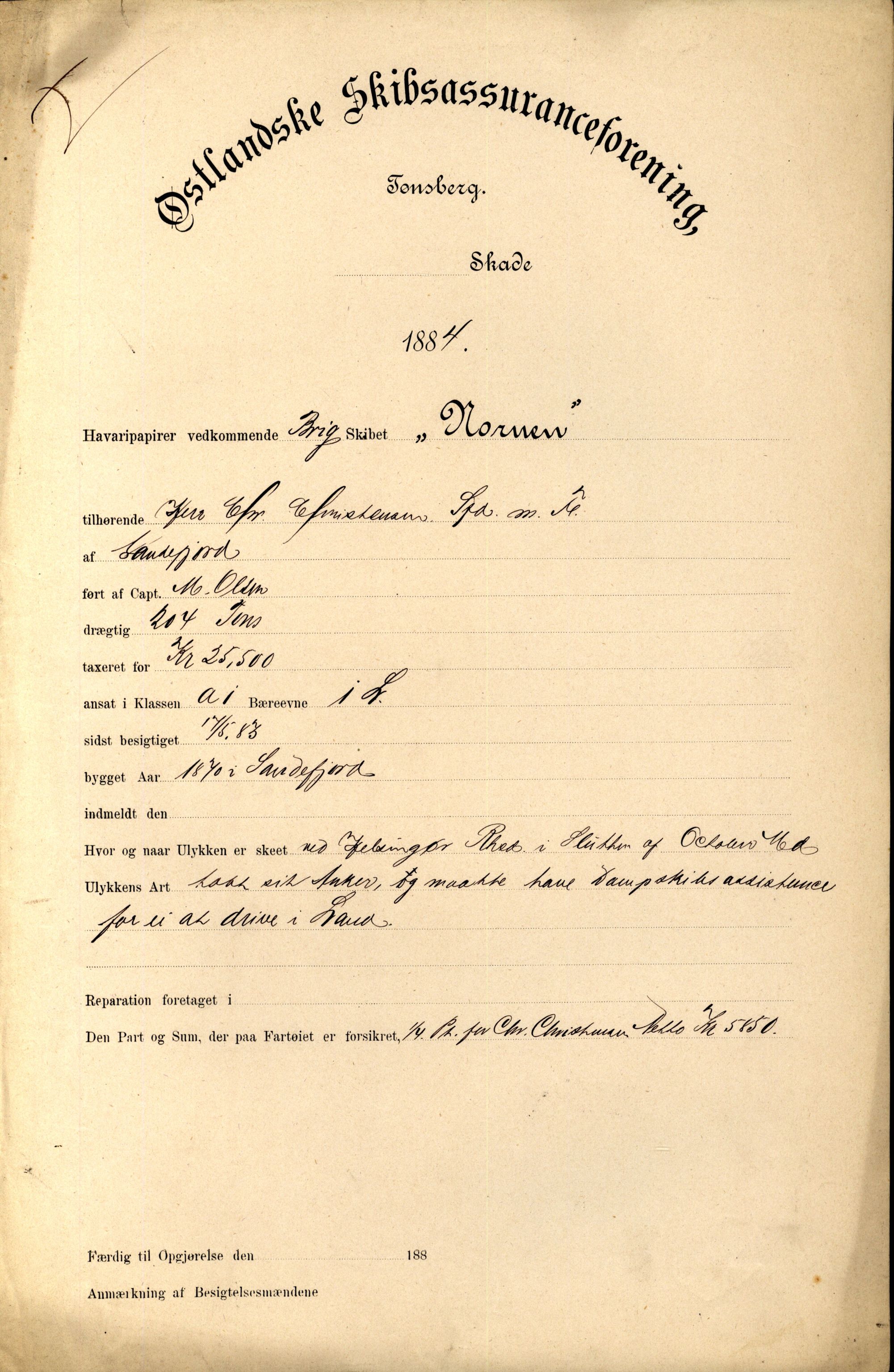 Pa 63 - Østlandske skibsassuranceforening, VEMU/A-1079/G/Ga/L0017/0012: Havaridokumenter / Nordlyset, Nornen, Freden, Freia, Victoria, 1884, p. 2