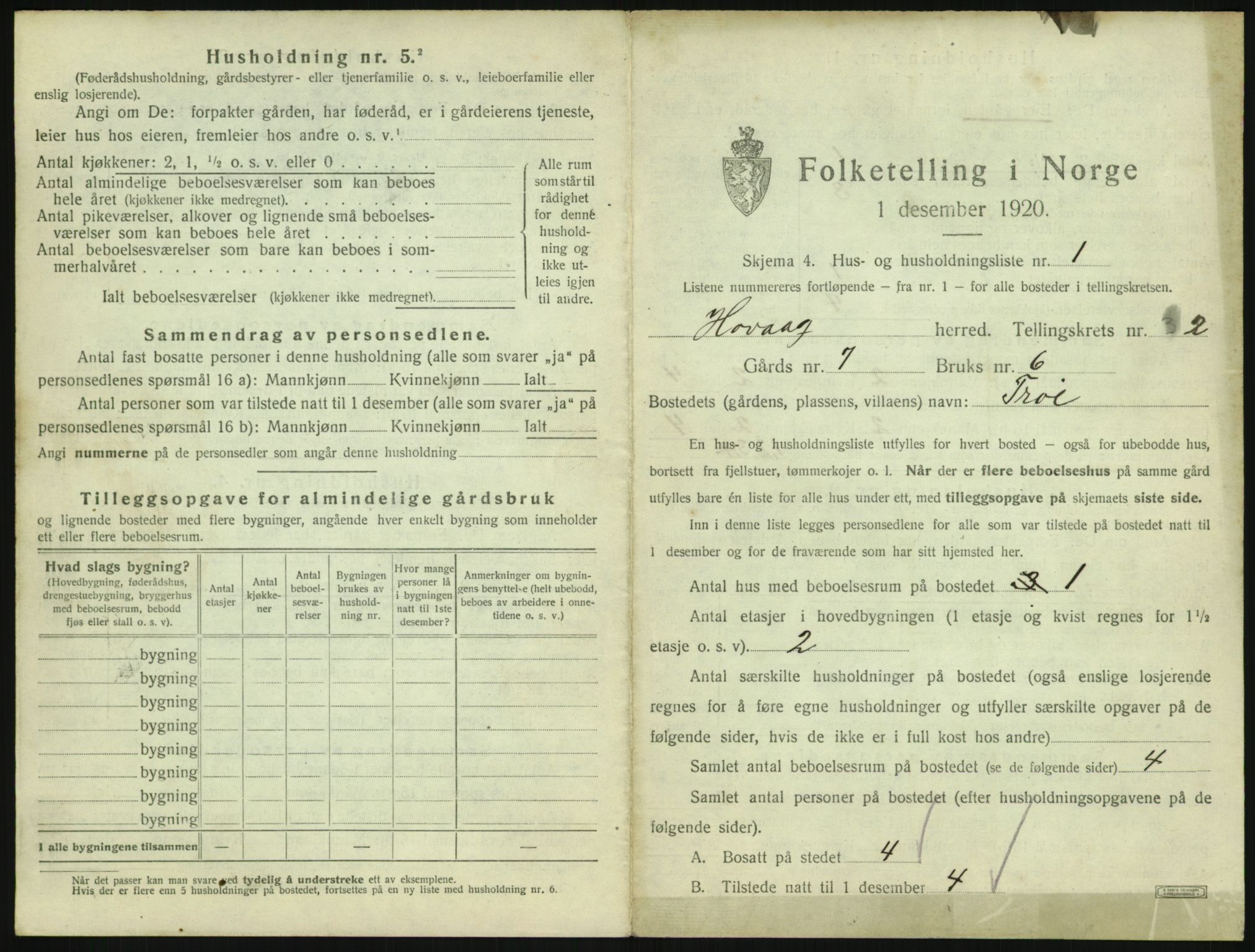 SAK, 1920 census for Høvåg, 1920, p. 92