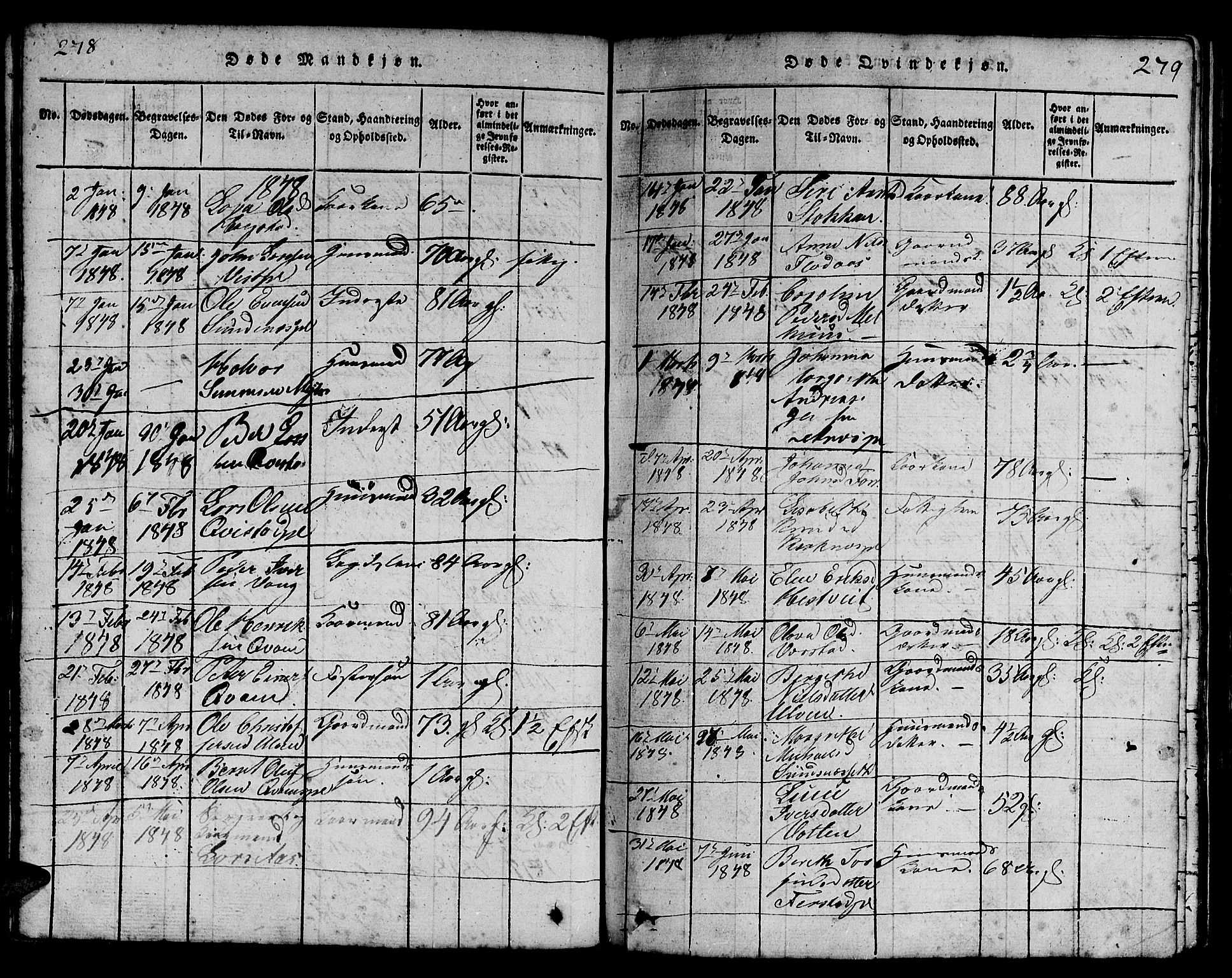 Ministerialprotokoller, klokkerbøker og fødselsregistre - Nord-Trøndelag, SAT/A-1458/730/L0298: Parish register (copy) no. 730C01, 1816-1849, p. 278-279