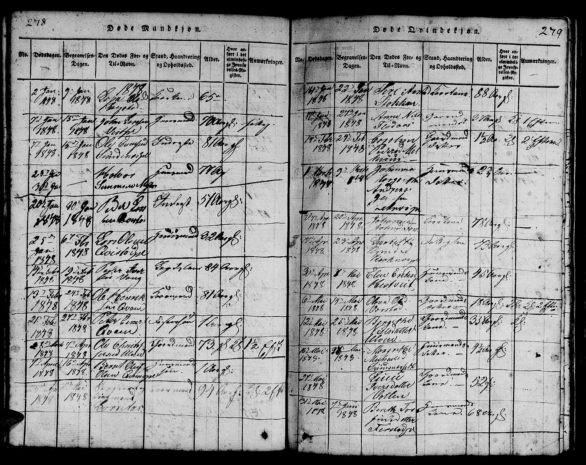 Ministerialprotokoller, klokkerbøker og fødselsregistre - Nord-Trøndelag, AV/SAT-A-1458/730/L0298: Parish register (copy) no. 730C01, 1816-1849, p. 278-279