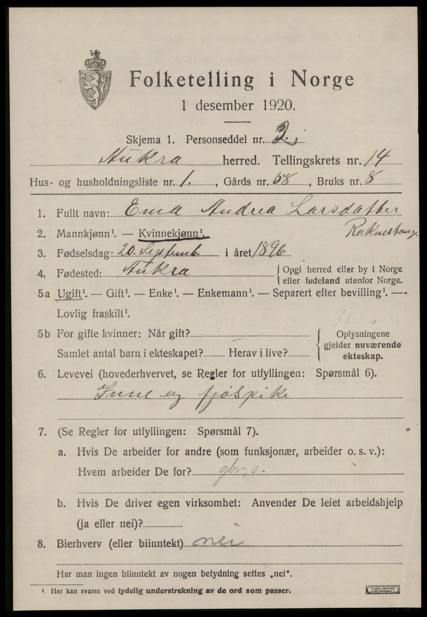 SAT, 1920 census for Aukra, 1920, p. 6169