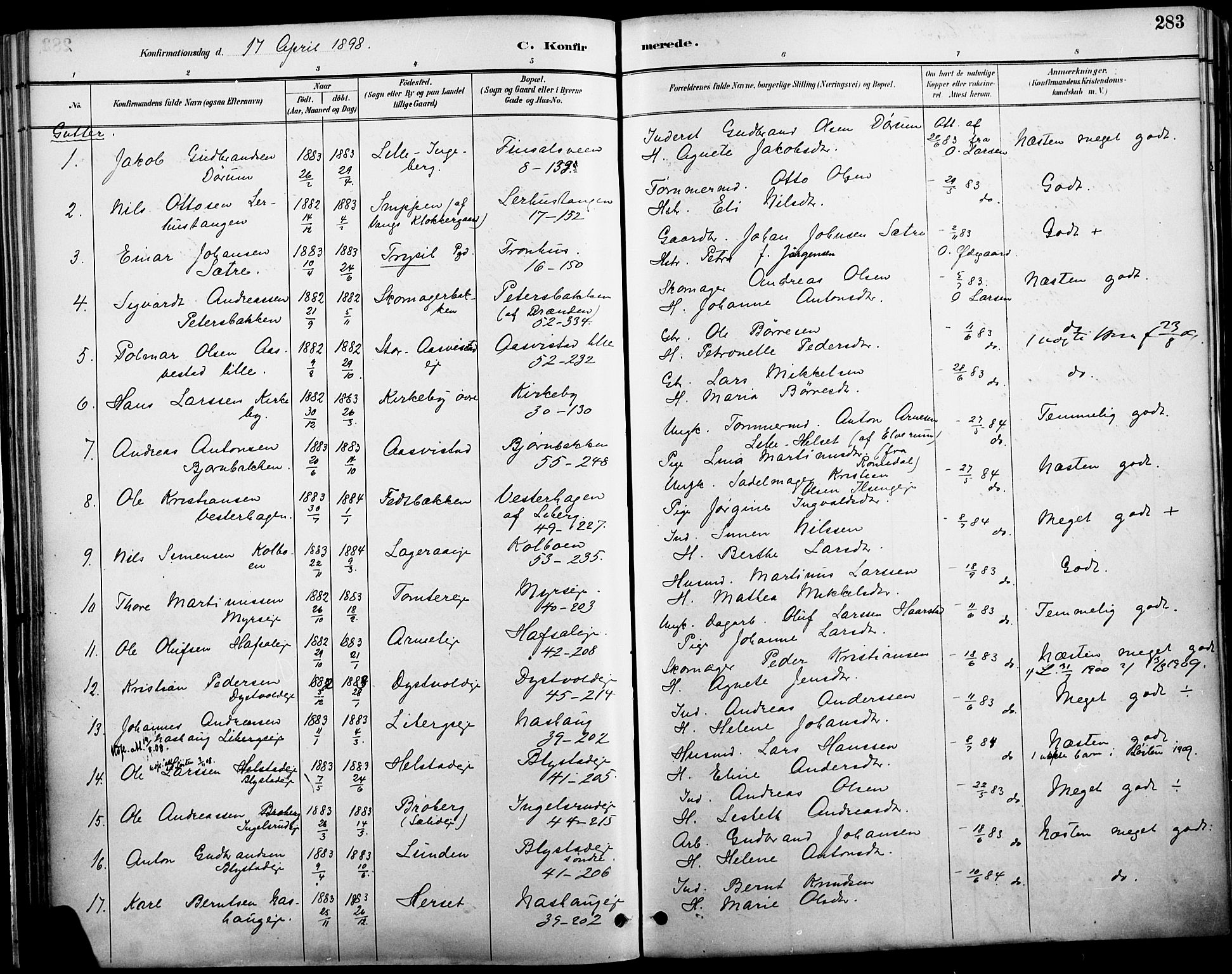 Vang prestekontor, Hedmark, SAH/PREST-008/H/Ha/Haa/L0019A: Parish register (official) no. 19, 1886-1900, p. 283