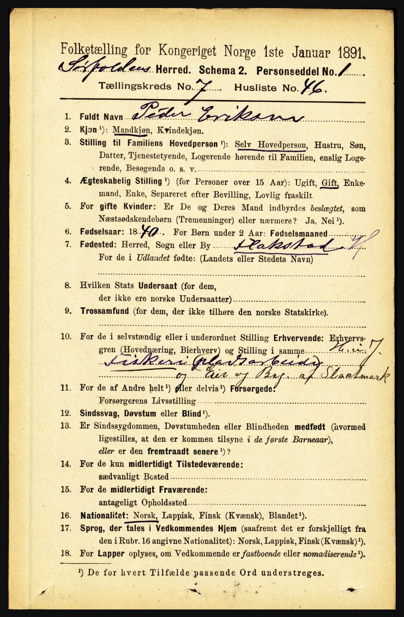 RA, 1891 census for 1845 Sørfold, 1891, p. 2517