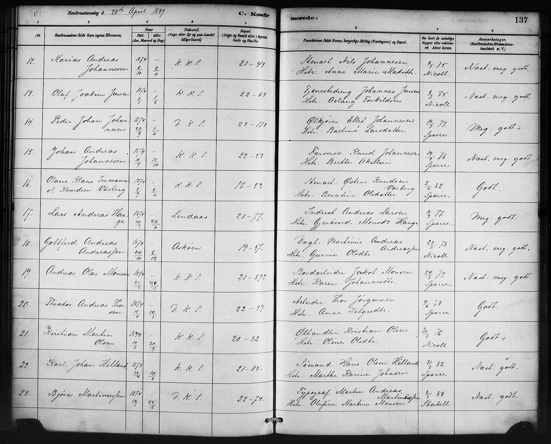 Korskirken sokneprestembete, SAB/A-76101/H/Haa/L0029: Parish register (official) no. C 5, 1880-1892, p. 137