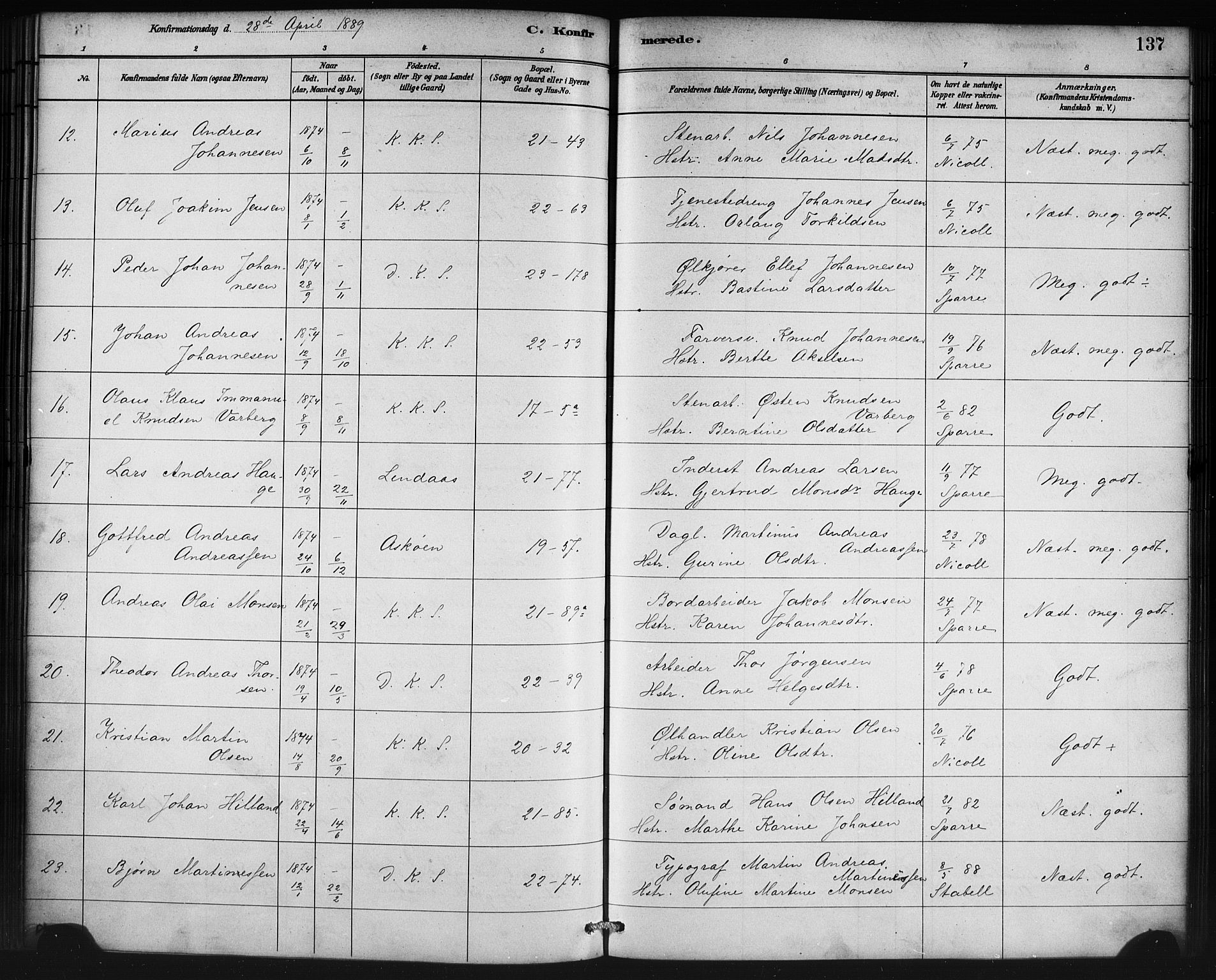 Korskirken sokneprestembete, AV/SAB-A-76101/H/Haa/L0029: Parish register (official) no. C 5, 1880-1892, p. 137