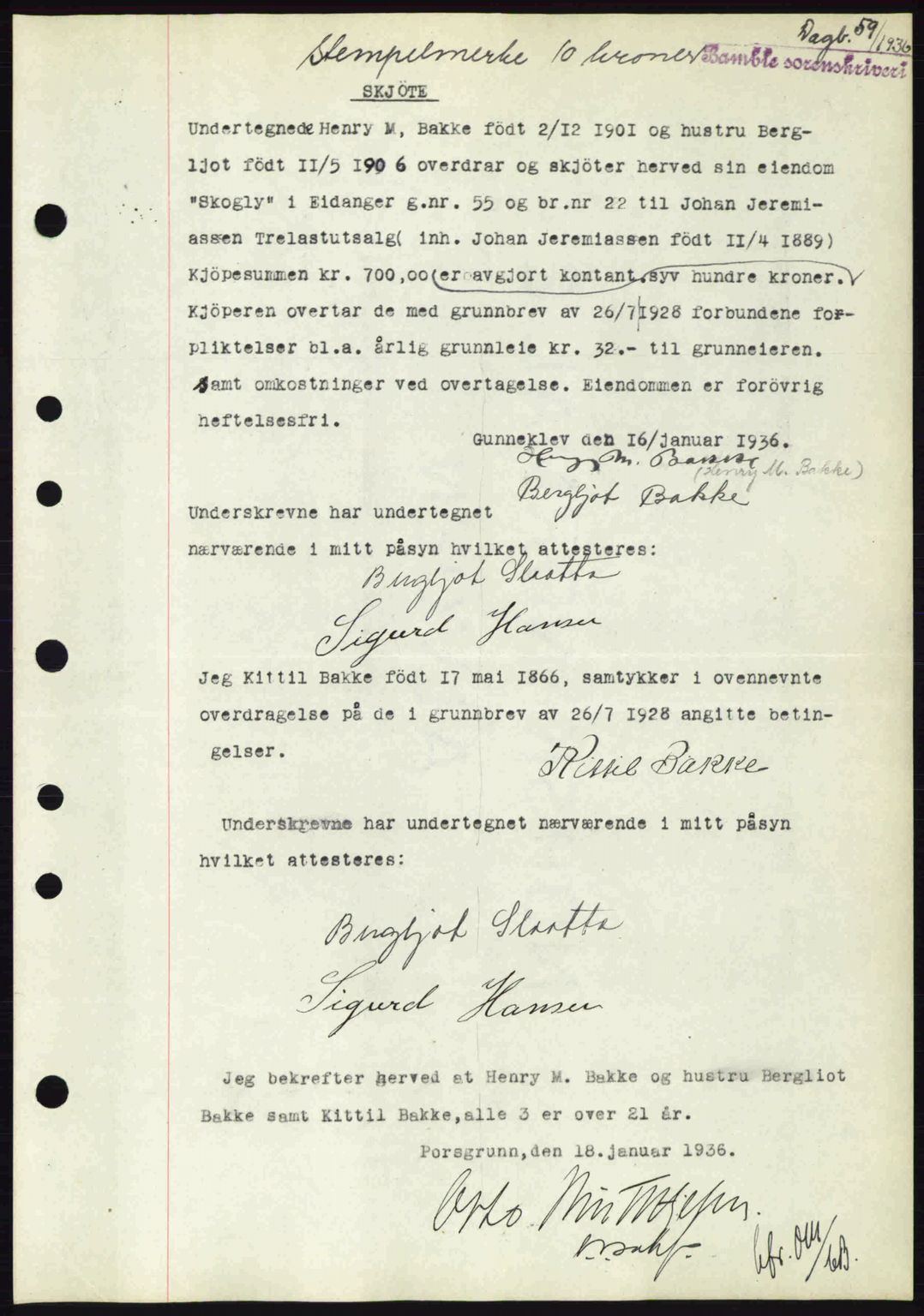 Bamble sorenskriveri, AV/SAKO-A-214/G/Ga/Gag/L0001: Mortgage book no. A-1, 1936-1937, Diary no: : 59/1936