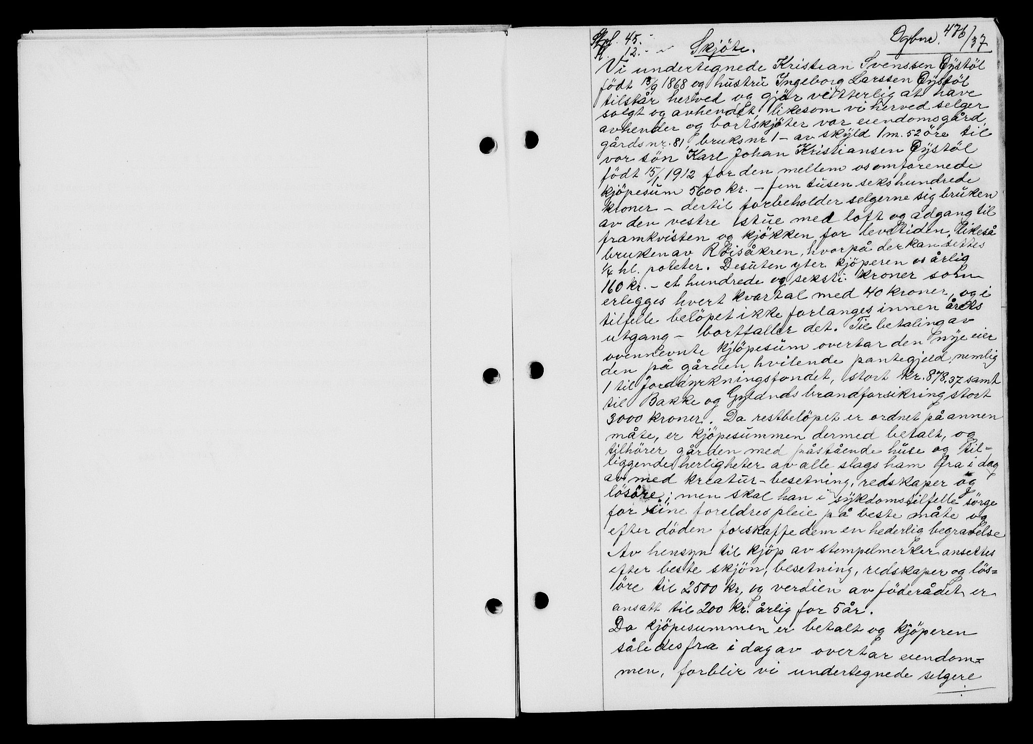 Flekkefjord sorenskriveri, AV/SAK-1221-0001/G/Gb/Gba/L0053: Mortgage book no. A-1, 1936-1937, Diary no: : 476/1937