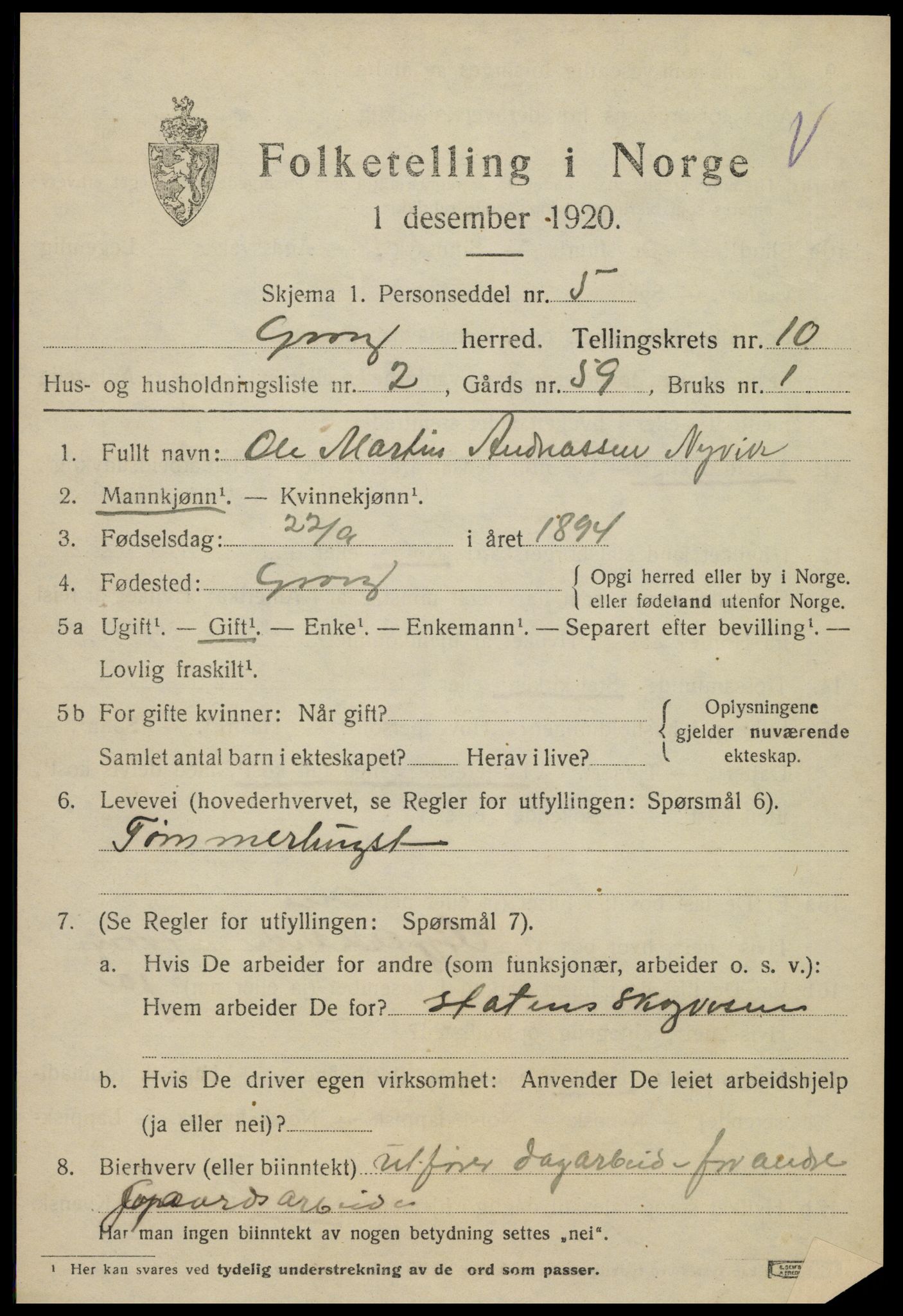 SAT, 1920 census for Grong, 1920, p. 5605