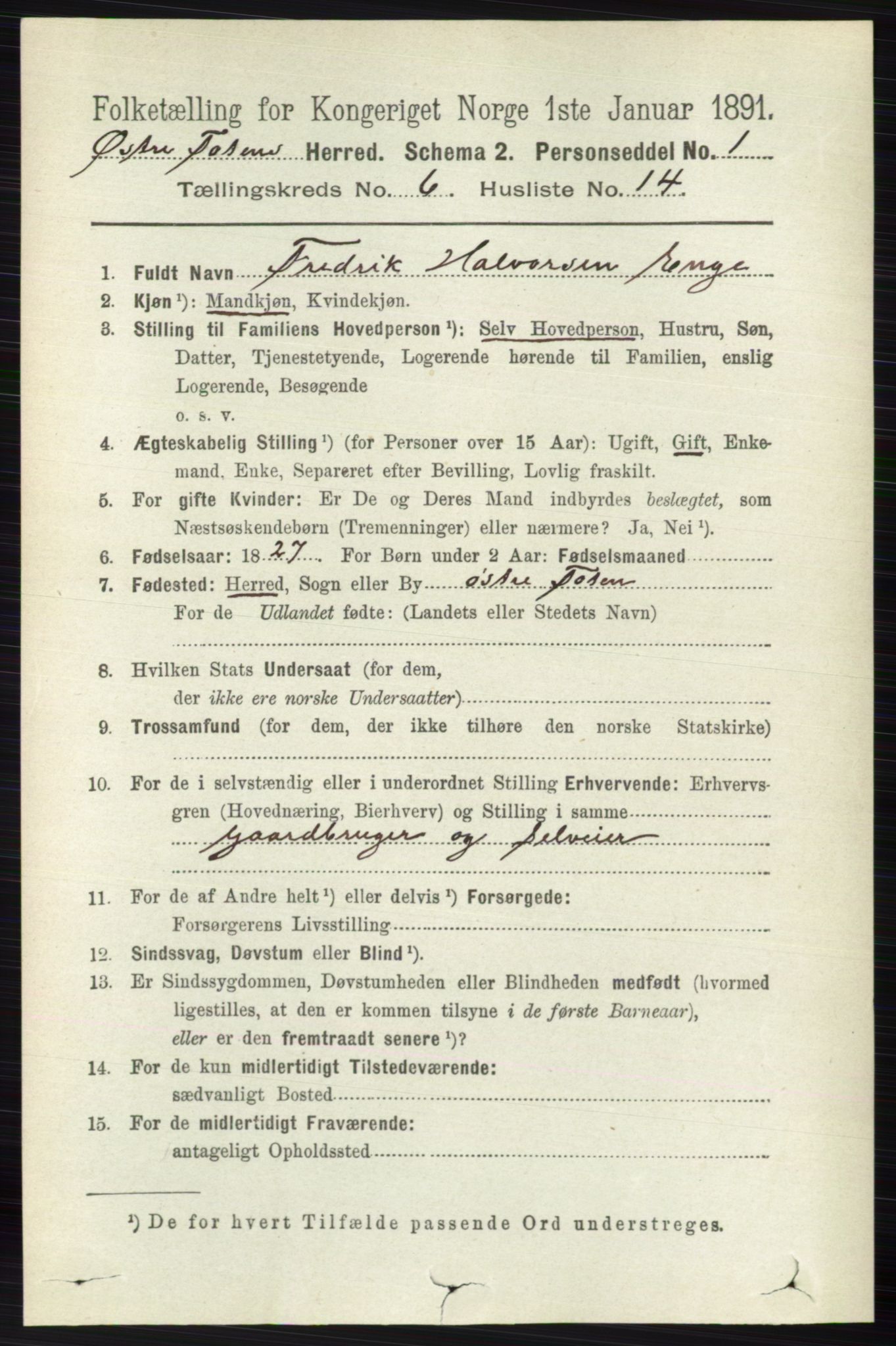 RA, 1891 census for 0528 Østre Toten, 1891, p. 3853