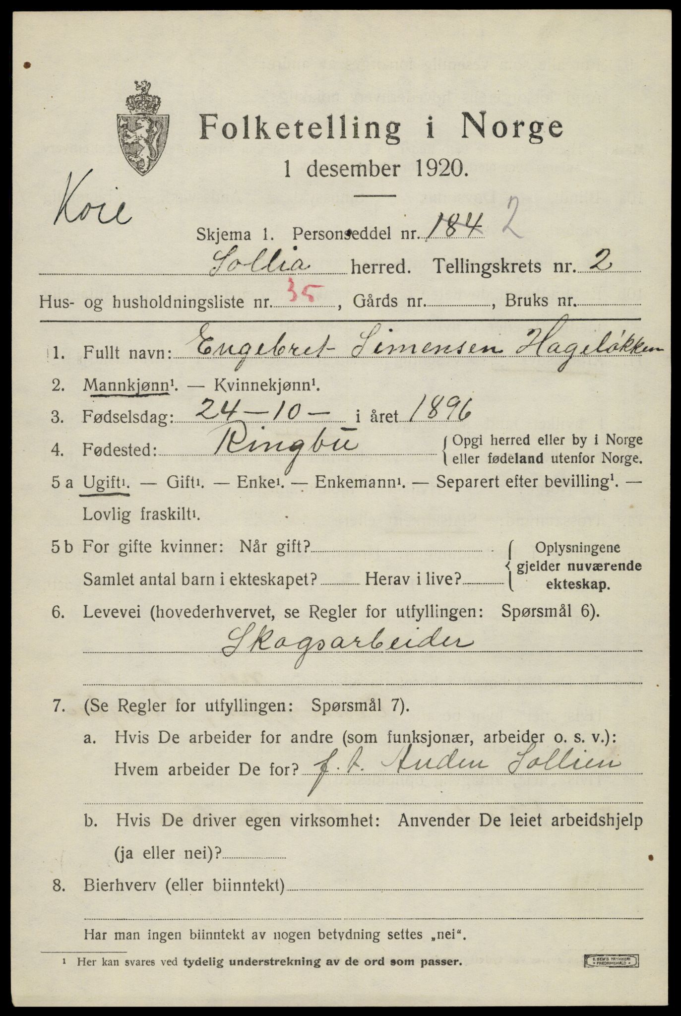 SAH, 1920 census for Sollia, 1920, p. 667