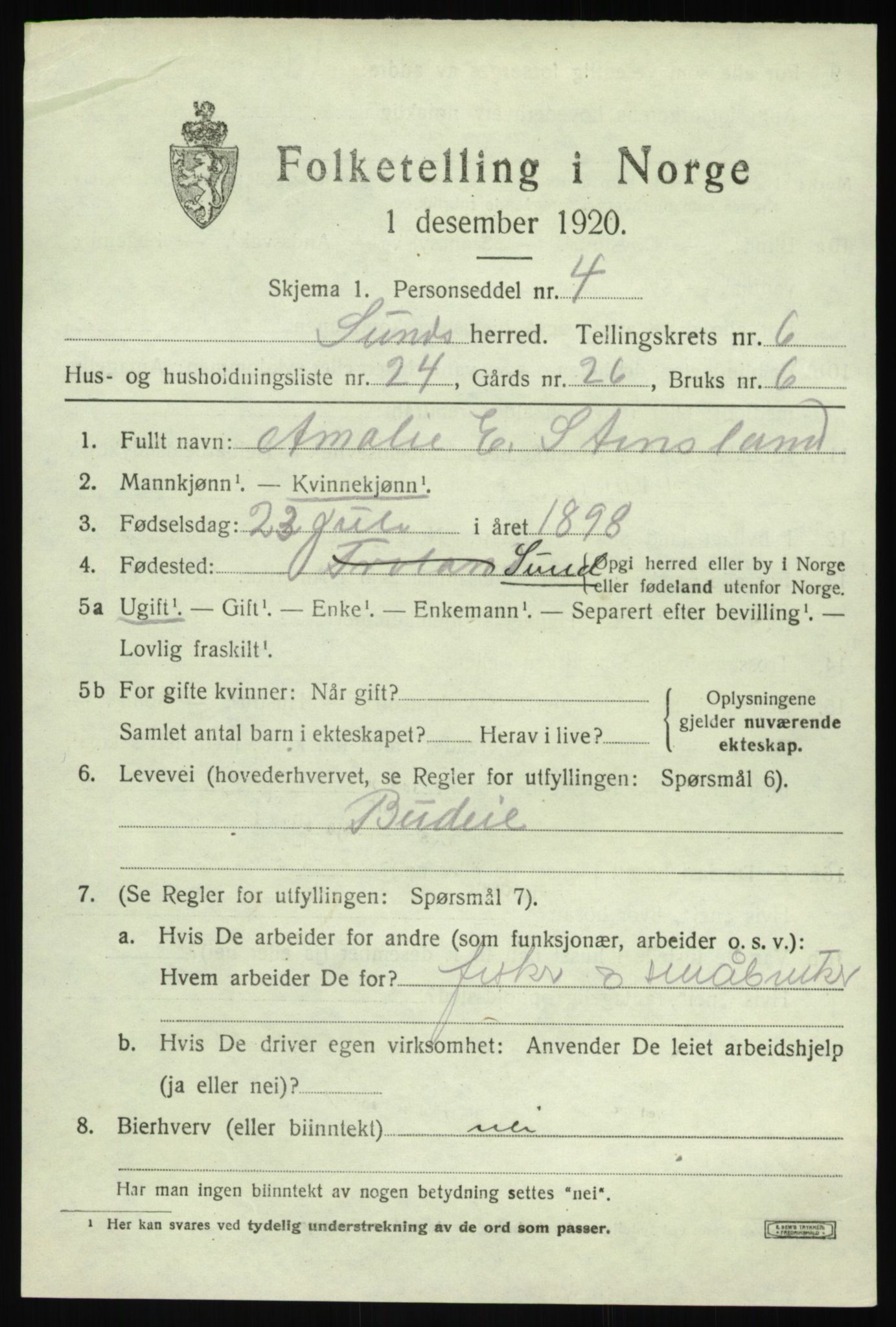 SAB, 1920 census for Sund, 1920, p. 4177