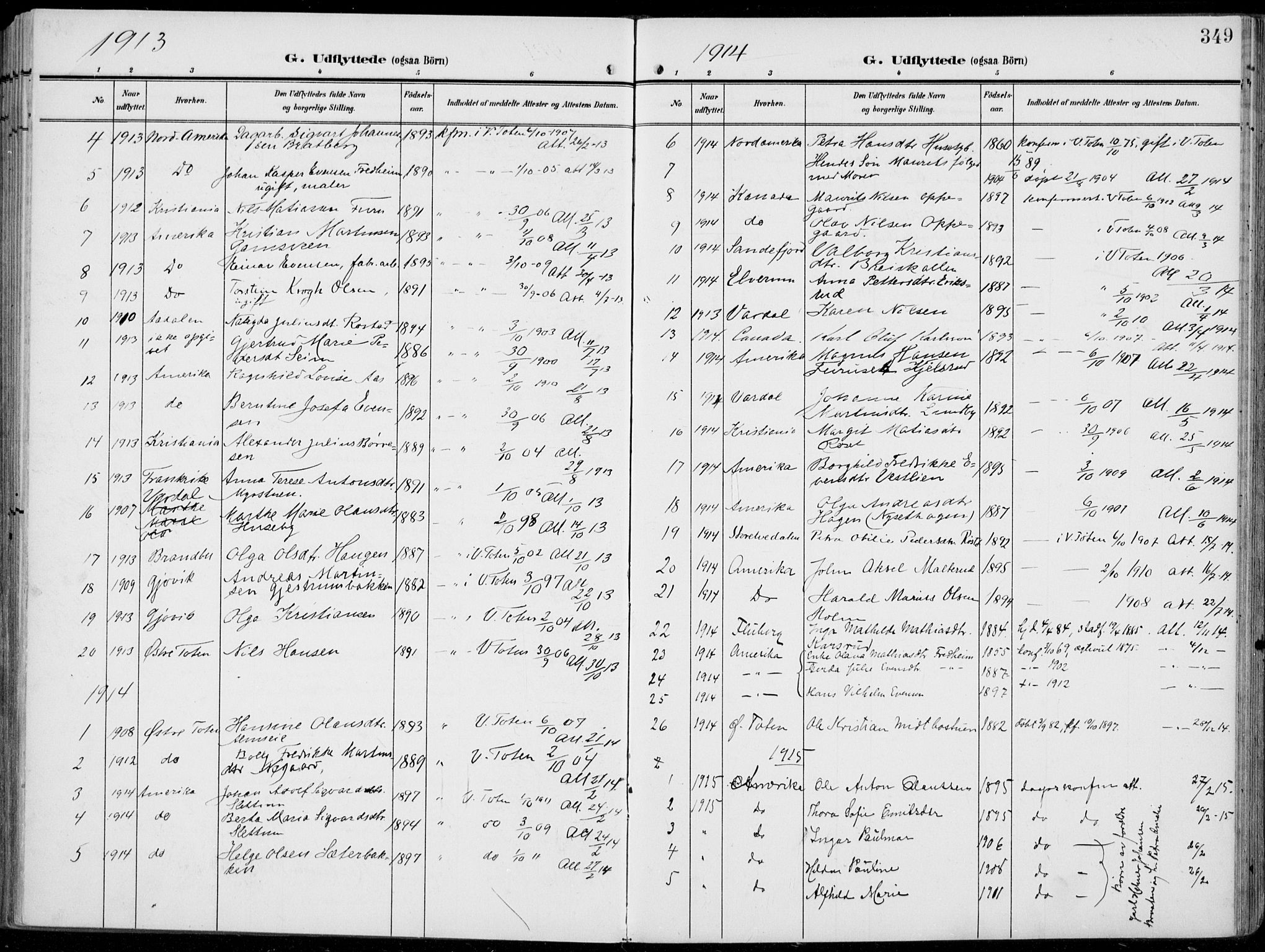 Vestre Toten prestekontor, SAH/PREST-108/H/Ha/Haa/L0014: Parish register (official) no. 14, 1907-1920, p. 349