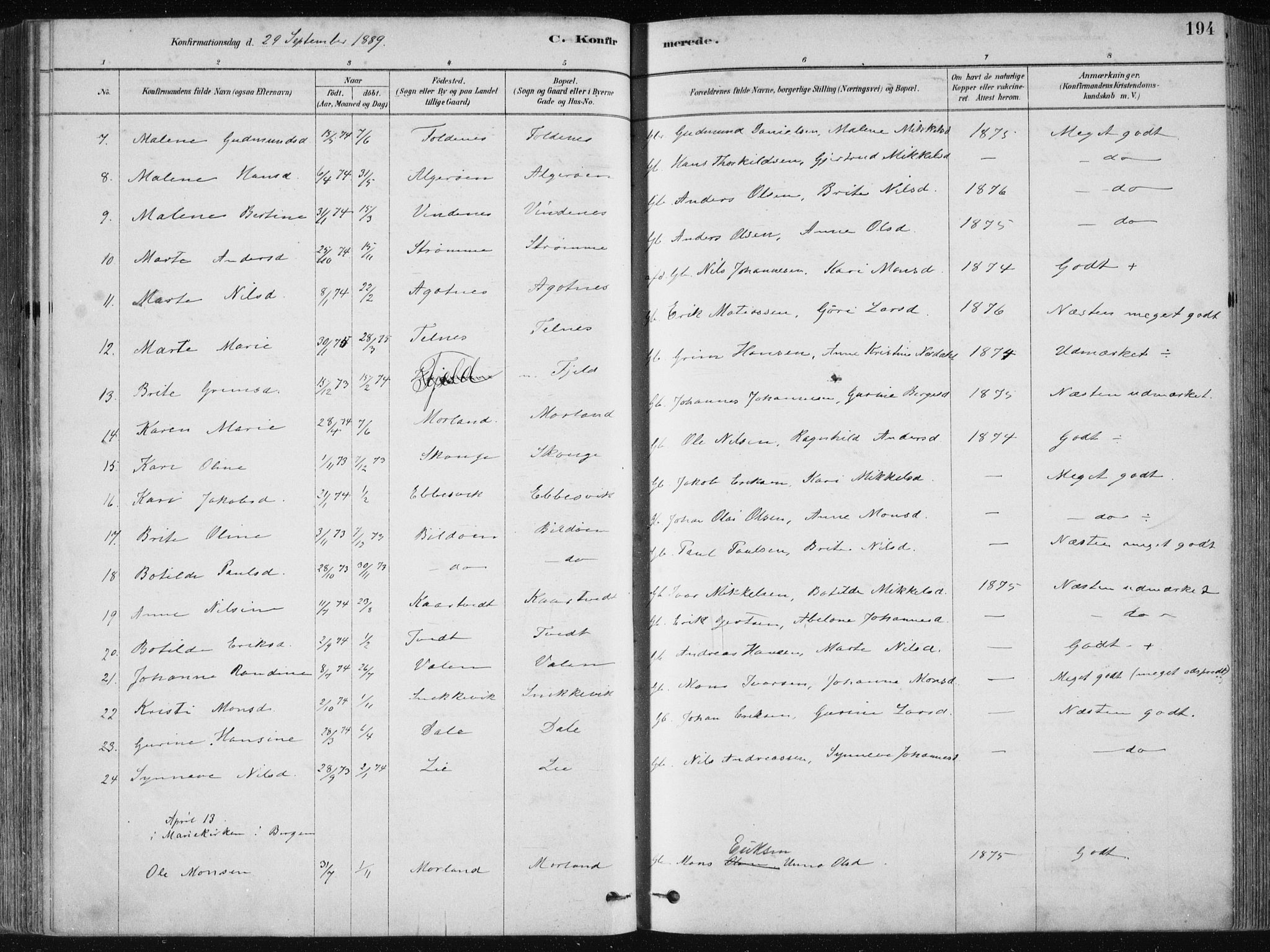 Fjell sokneprestembete, SAB/A-75301/H/Haa: Parish register (official) no. A  8, 1878-1898, p. 194