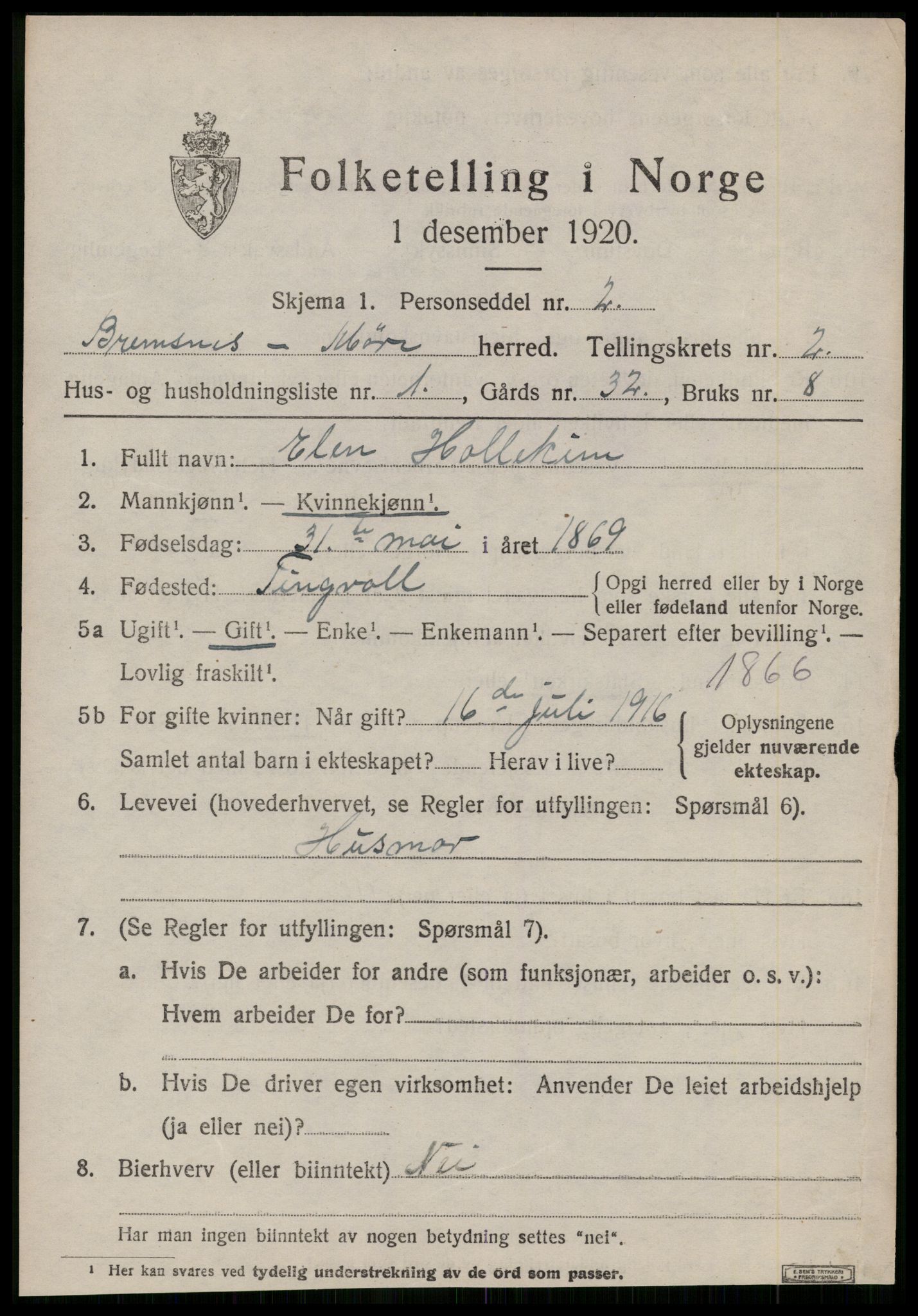 SAT, 1920 census for Bremsnes, 1920, p. 2981