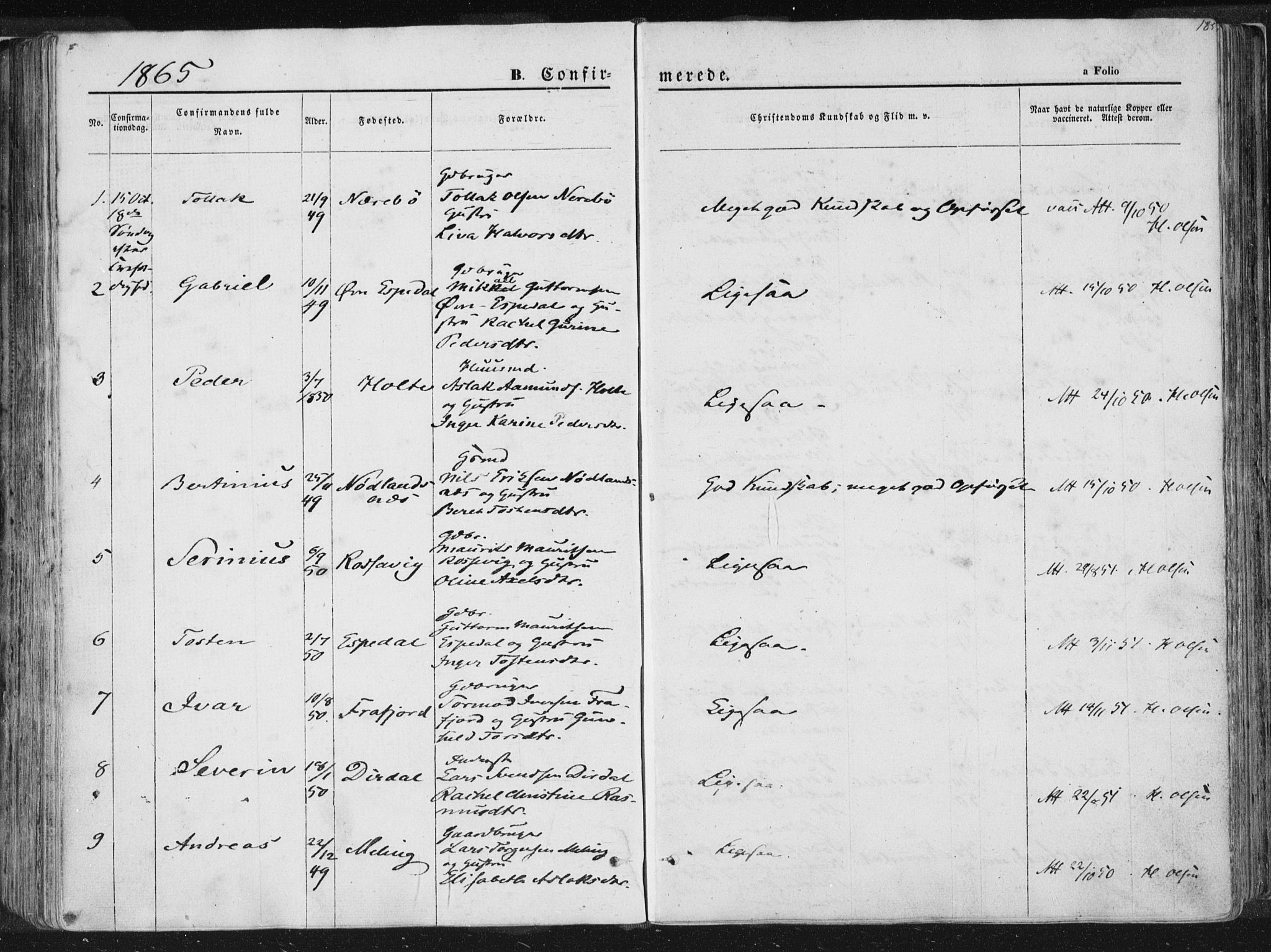 Høgsfjord sokneprestkontor, SAST/A-101624/H/Ha/Haa/L0001: Parish register (official) no. A 1, 1854-1875, p. 185