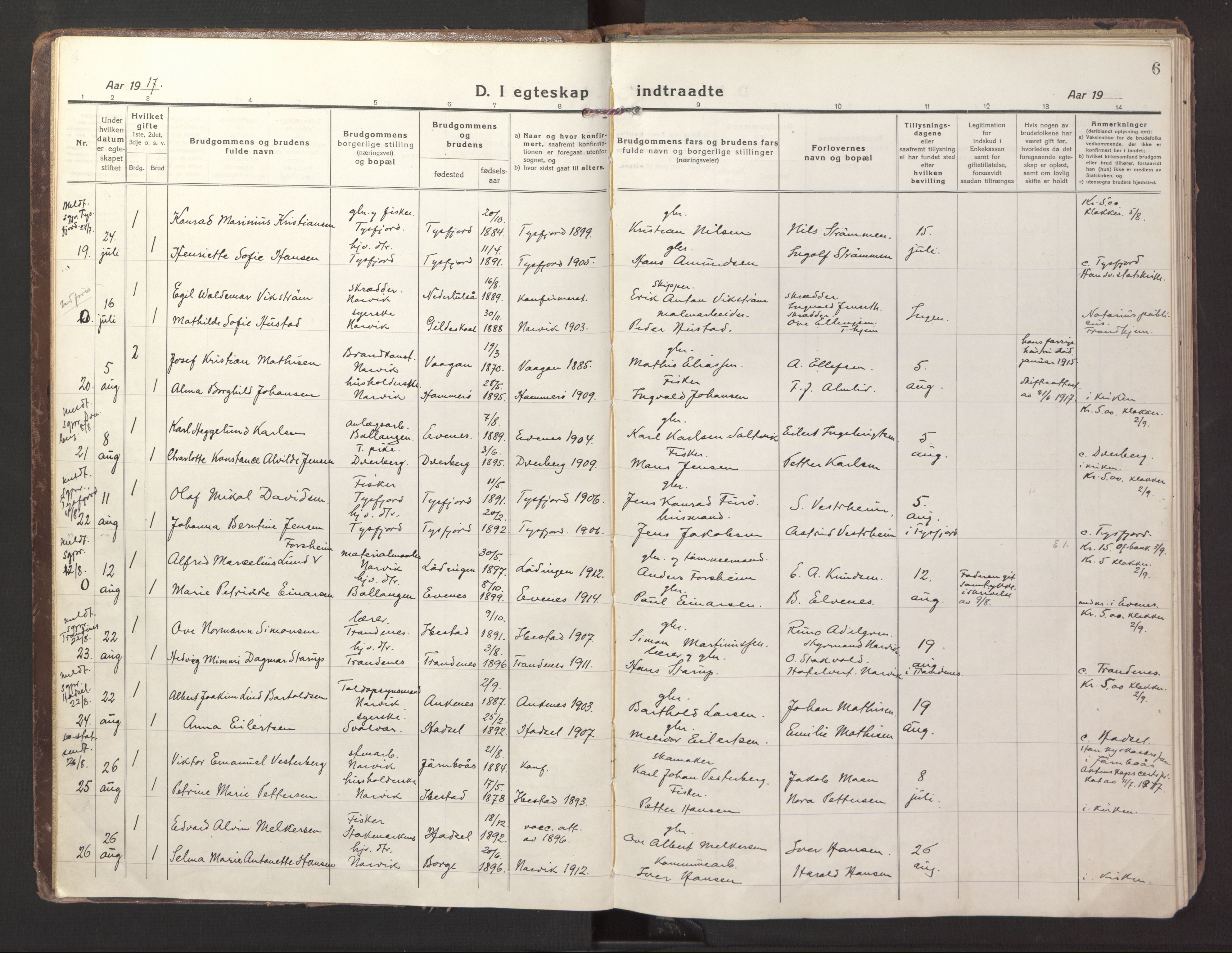 Ministerialprotokoller, klokkerbøker og fødselsregistre - Nordland, AV/SAT-A-1459/871/L1002: Parish register (official) no. 871A18, 1917-1926, p. 6